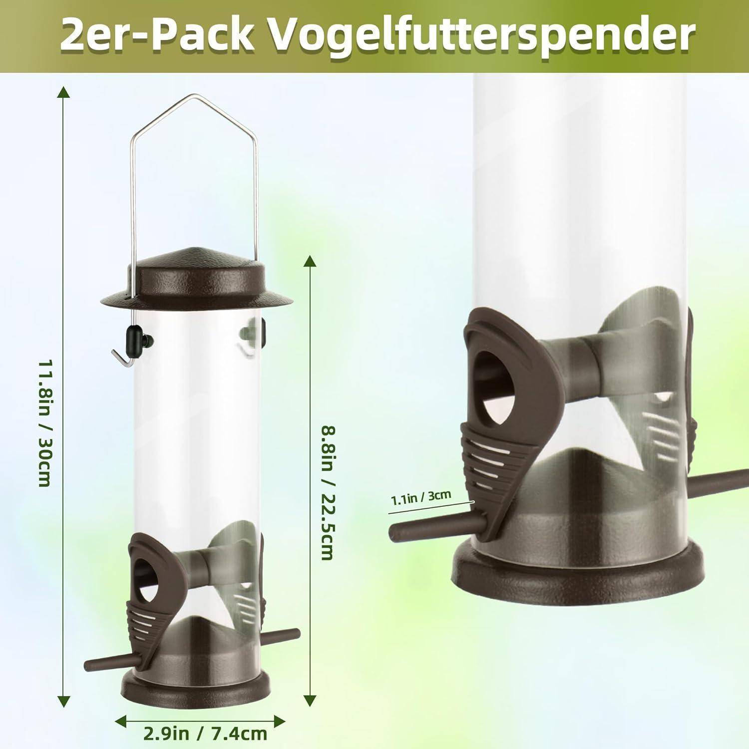 2er-Pack Vogelfutterspender; Vogelfutterspender-Set mit transparentem Zylinderschliff, 11,8 Zoll Höhe, 2,9 Zoll Durchmesser, mit zwei Futterausgaben.