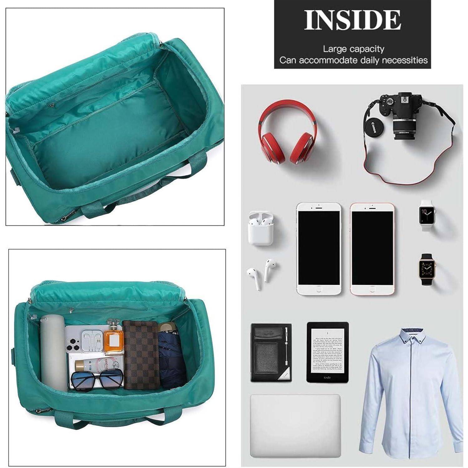 Offene türkisfarbene Reisetasche, die den Innenraum zeigt. Das nebenstehende Bild zeigt Gegenstände wie Kopfhörer, Kamera und Kleidung und veranschaulicht die Kapazität der Tasche für das Wesentliche.