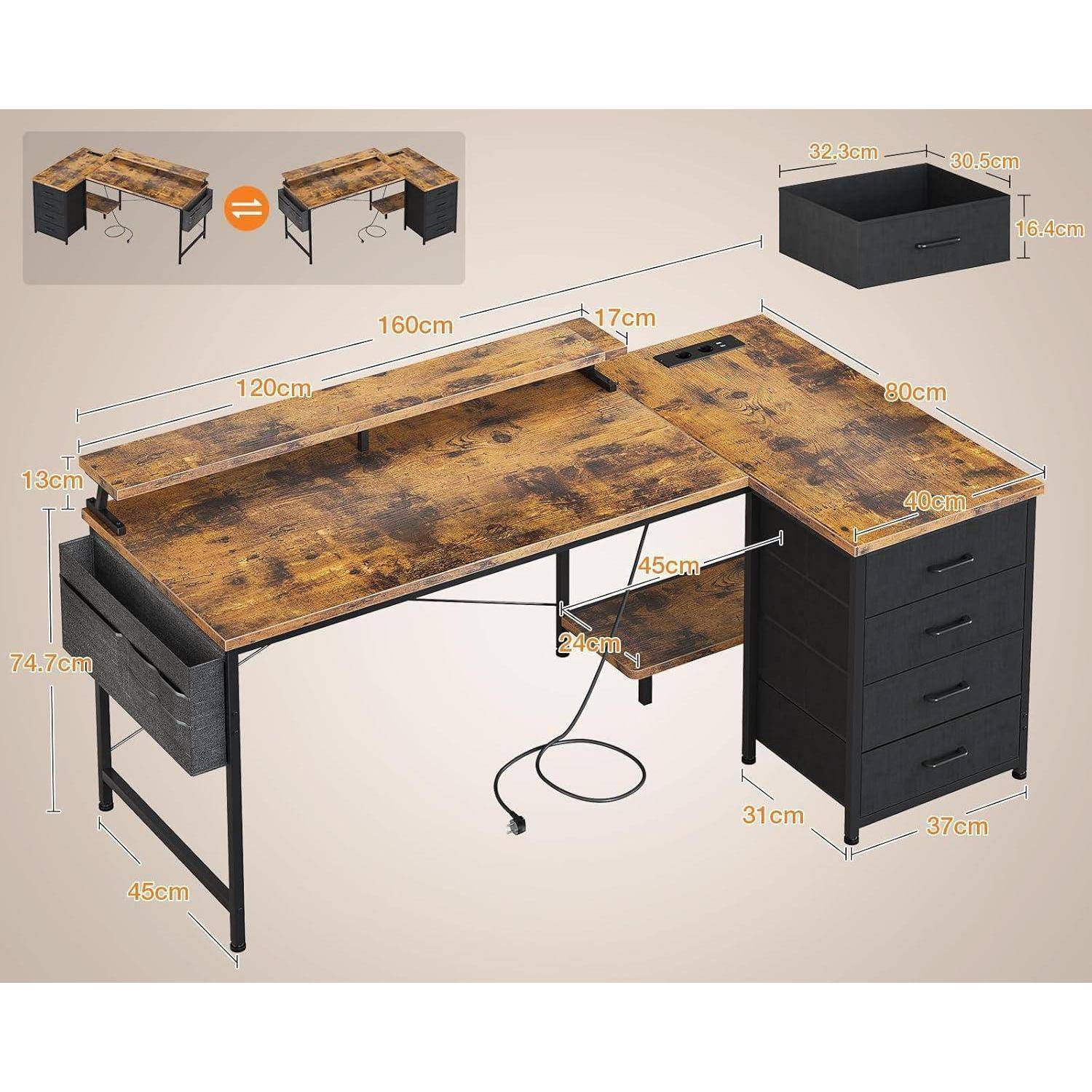 L-förmiger Schreibtisch mit rustikalem braunem Finish, mit Abmessungen und Details wie Schubladen und Regalen. Abmessungen: 160 cm x 120 cm.