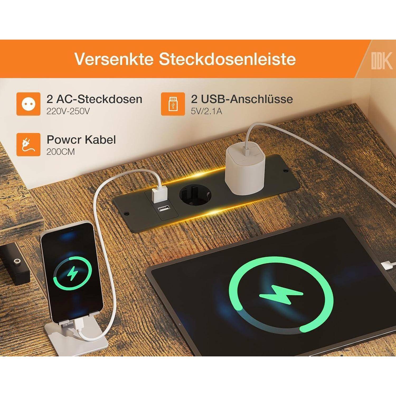Steckerleiste mit zwei AC-Steckdosen (220V-250V) und zwei USB-Anschlüssen (5V/2.1A). Ein Telefon und ein Tablet werden aufgeladen.