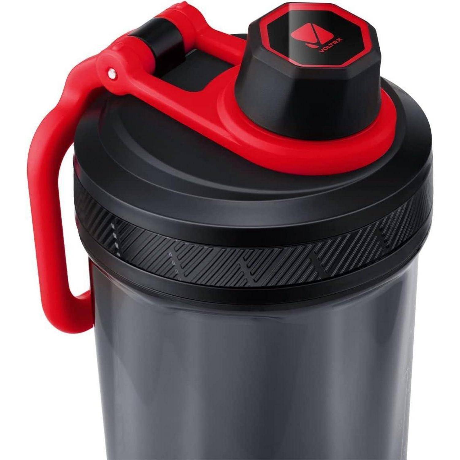 Eine schwarze und rote Wasserflasche mit einem sicheren Verschlussdeckel und einem Tragegriff.