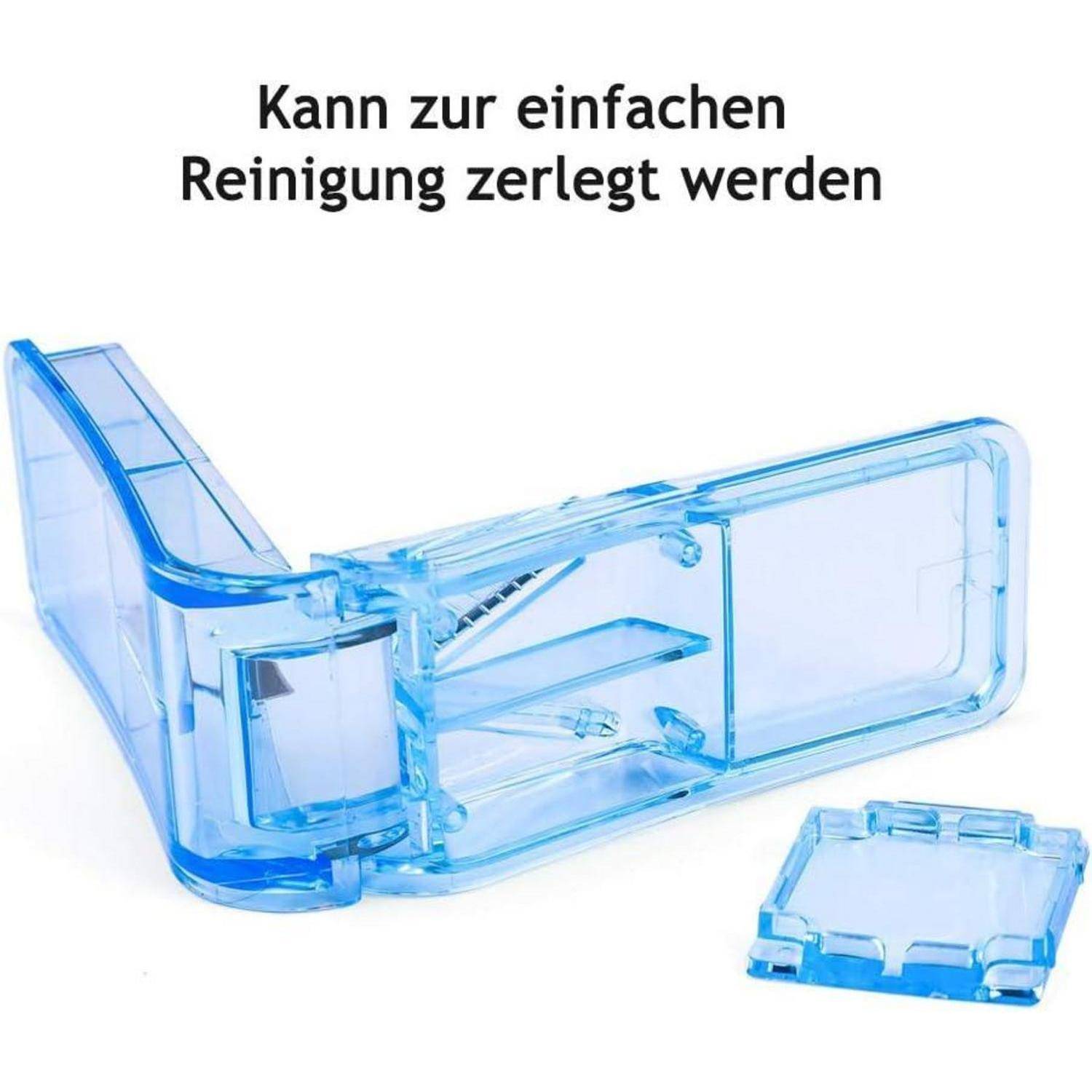 Ein blaues Kunststoffgerät, das zur Reinigung zerlegt werden kann, gezeigt mit entferntem Deckel. Der Text lautet: Kann zur einfachen Reinigung zerlegt werden.