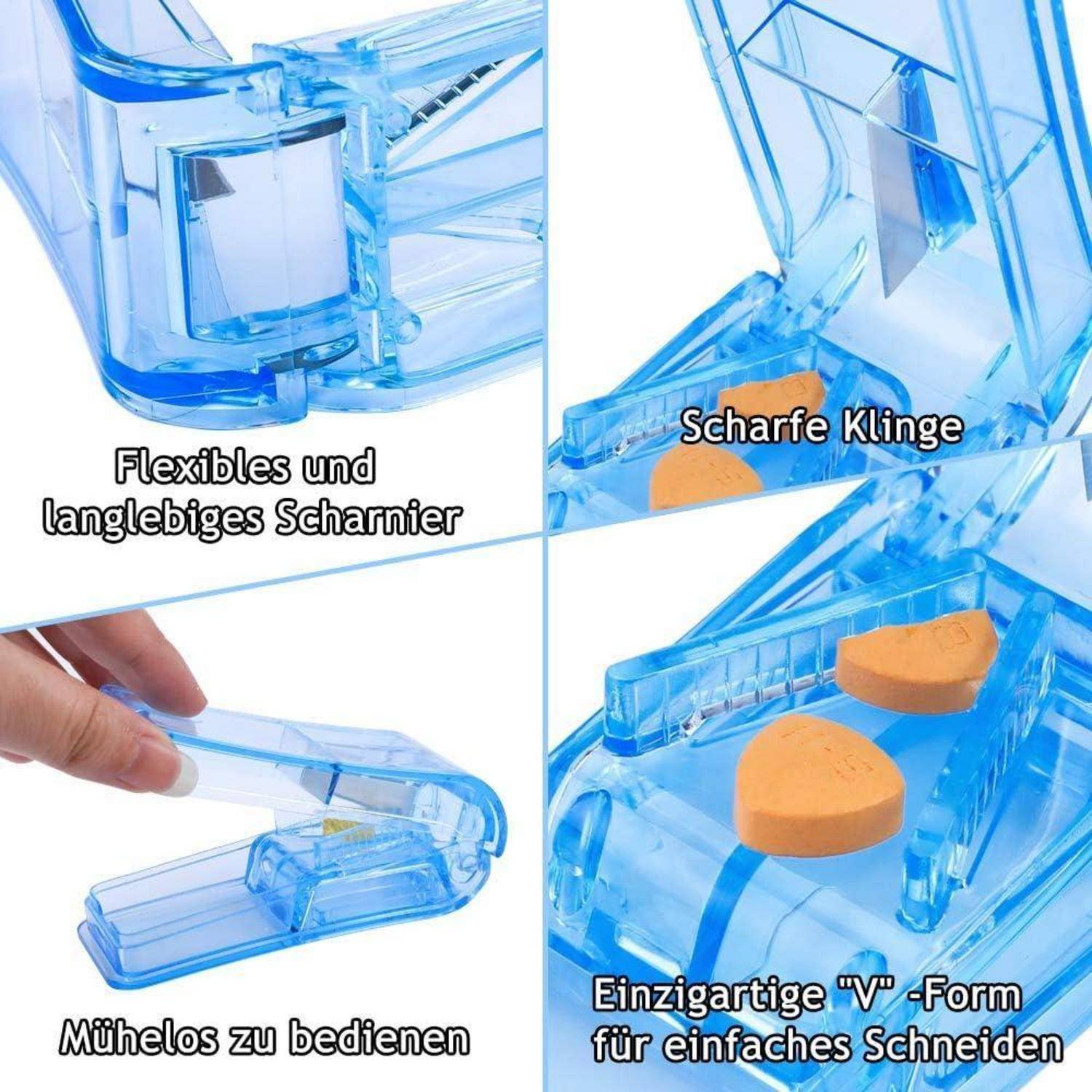 Das Bild zeigt einen blauen Küchenhobel mit einem flexiblen Scharnier und einer scharfen Klinge. Es hebt die einfache Bedienung und eine einzigartige 