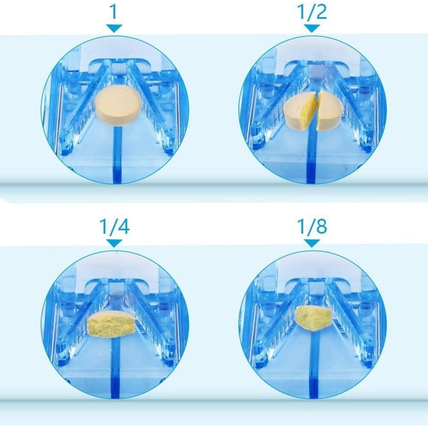 Pillenteiler demonstriert das Teilen einer Pille in 1/2-, 1/4- und 1/8-Teile und zeigt unterschiedliche Größen in einem blauen Schneidegerät.