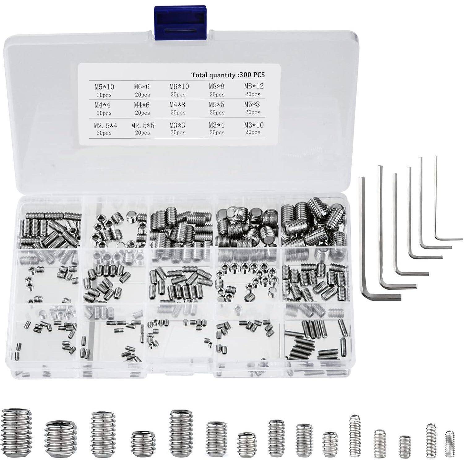Eine Kunststoff-Organizer-Box mit verschiedenen Größen von Innensechskant-Stiftschrauben, gekennzeichnet mit Größen und Mengen, neben sechs L-förmigen Innensechskantschlüsseln.
