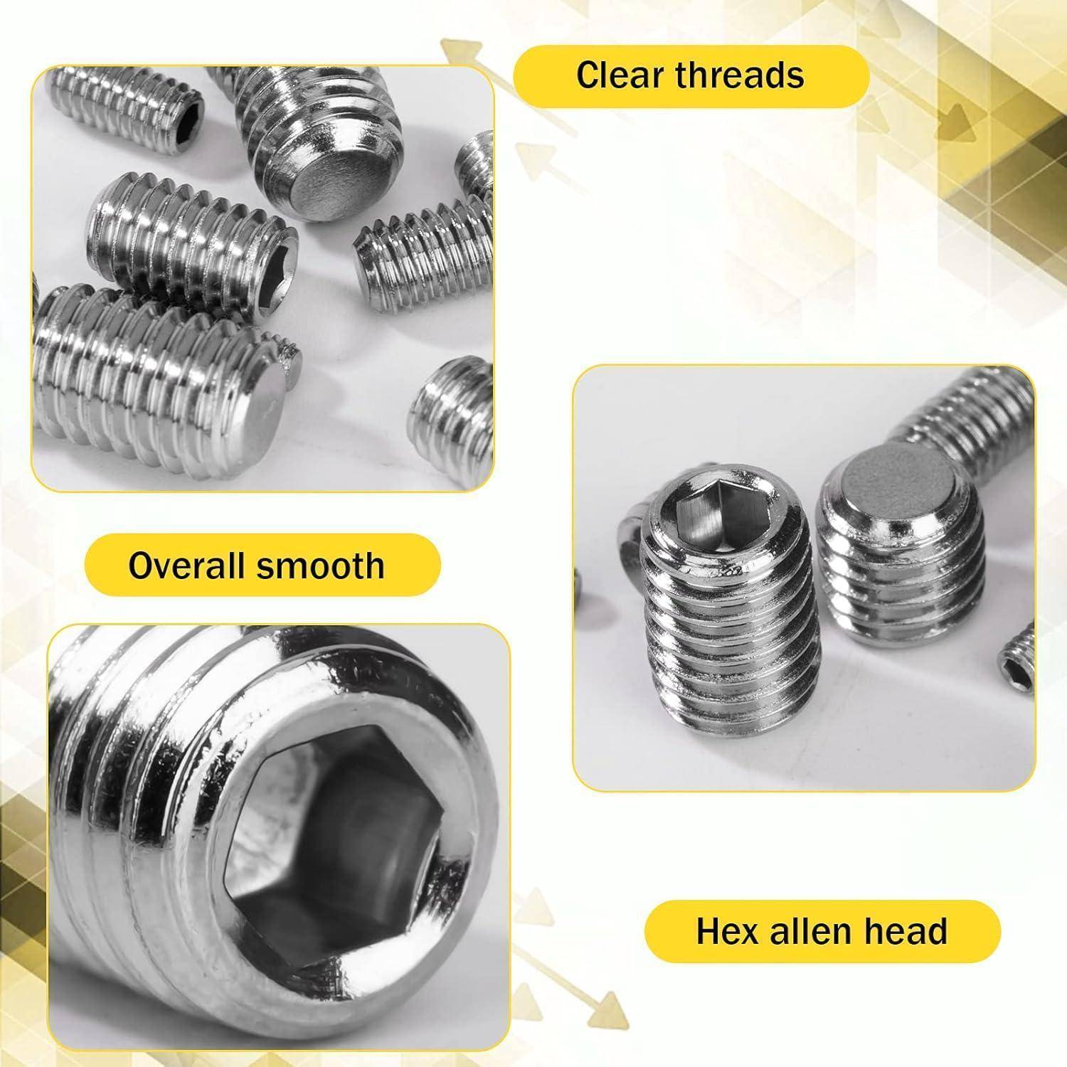 Nahaufnahme von silbernen Schrauben mit klaren Gewinden und glatter Oberfläche. Der Ausschnitt zeigt Schrauben mit einem sechskantigem Innensechskantschlüssel.