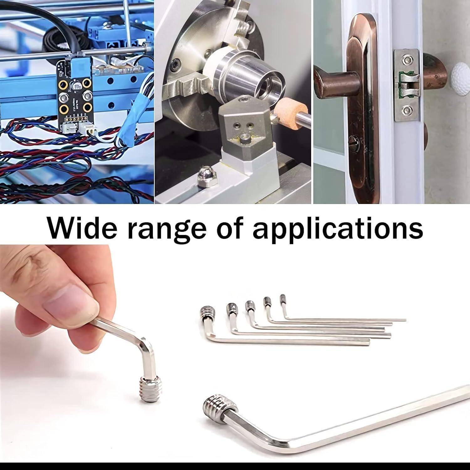 Innensechskantschlüssel-Satz mit sechs Größen; Bilder zeigen die Verwendung in Maschinen, Türgriffen und Montageaufgaben. Text lautet „Breites Anwendungsspektrum