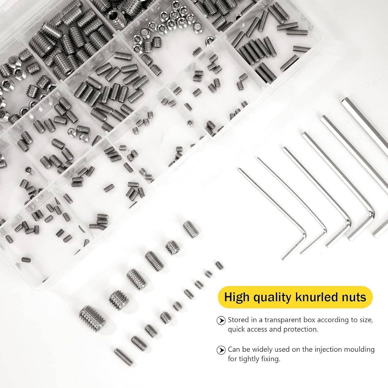 Eine Auswahl von Knebelgewinden und Sechskantschlüsseln in einem transparenten Organizer. Der Text lautet: „Hochwertige Knebelgewinde