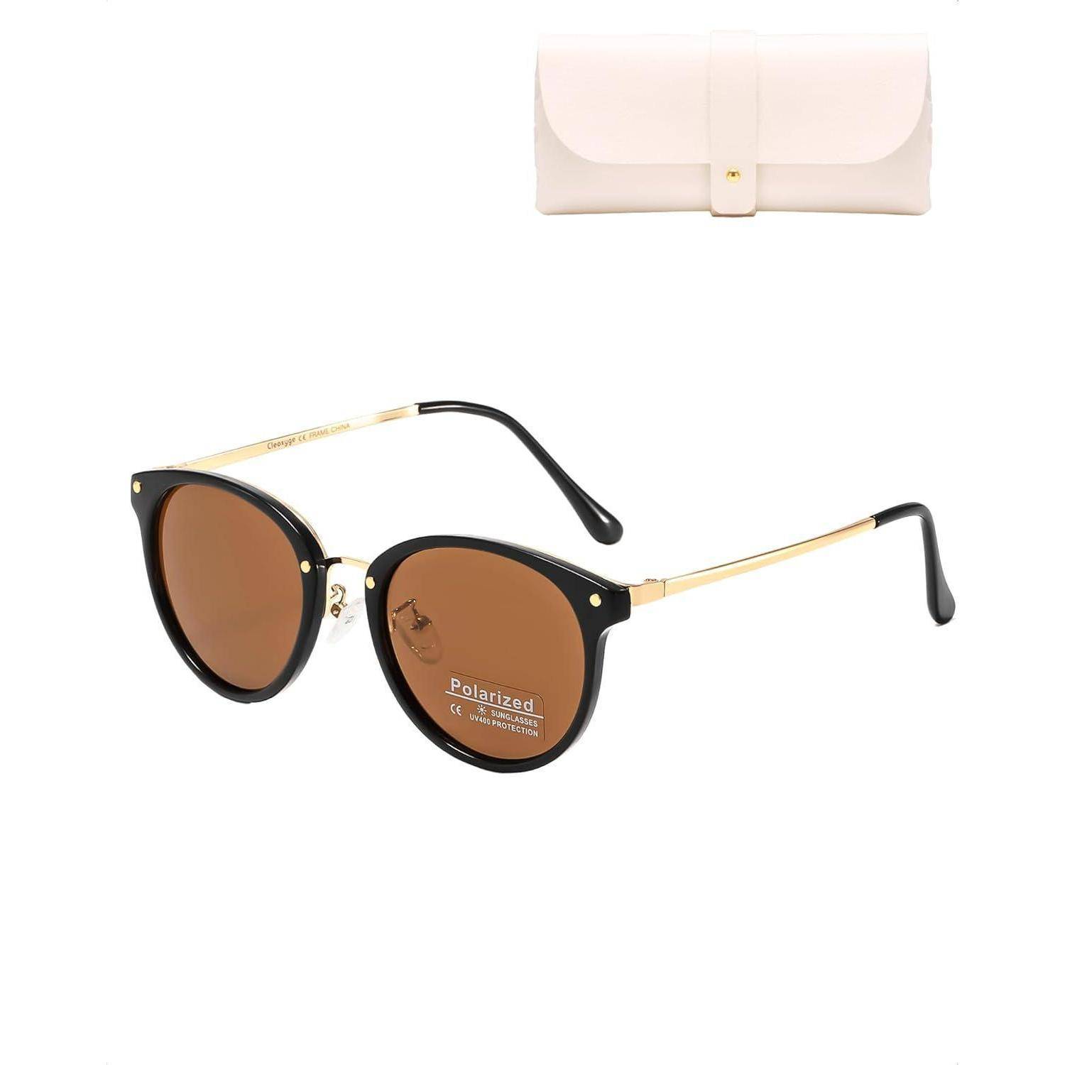 Sonnenbrille mit schwarzem Rahmen und braunen Gläsern, gekennzeichnet mit „Polarisiert 100% UV-Schutz