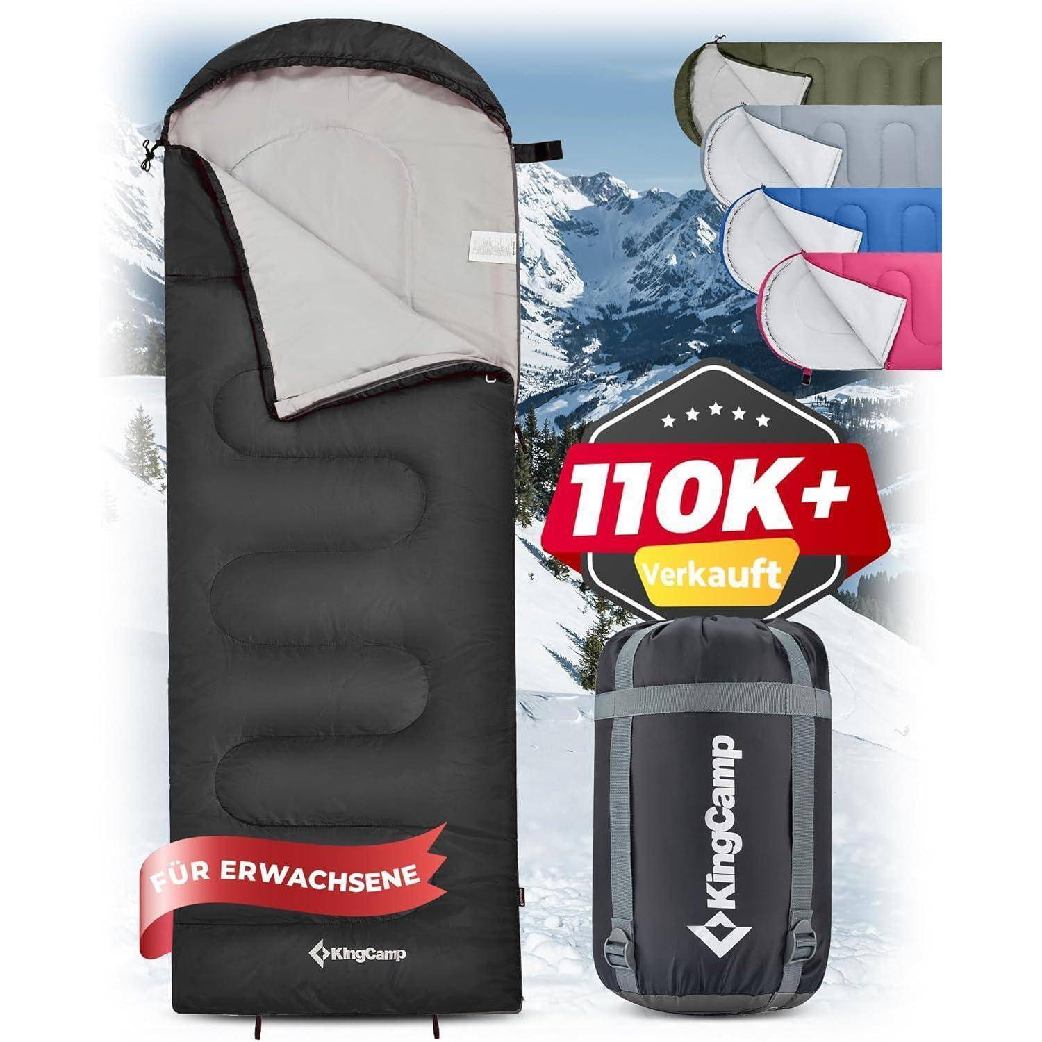 Schlafsack mit Berglandschaft im Hintergrund, erhältlich in verschiedenen Farben. Text lautet „110.000+ verkauft