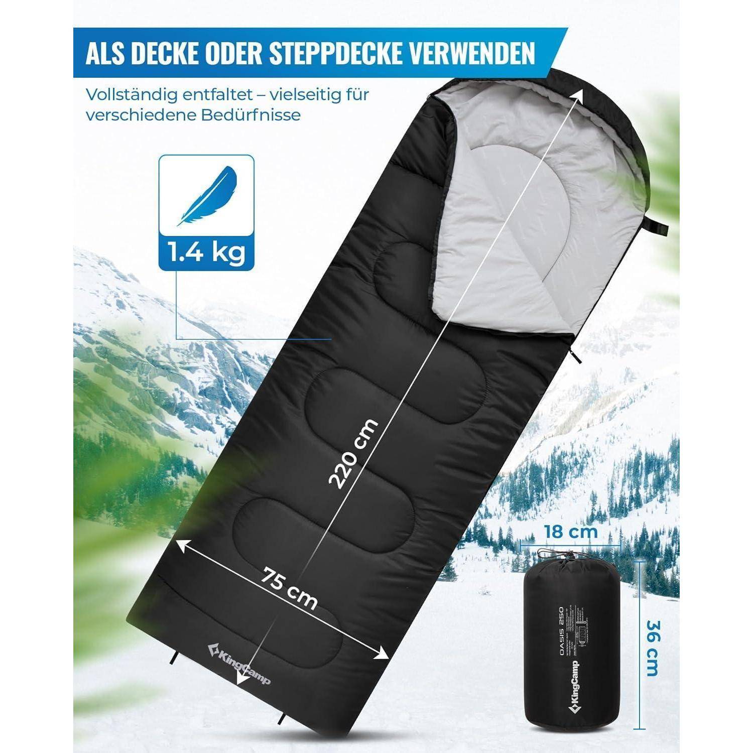 Ein schwarzer Schlafsack mit den Maßen 220 cm mal 75 cm, mit einem Gewicht von 1,4 kg, gezeigt in einer verschneiten Berglandschaft im Freien.