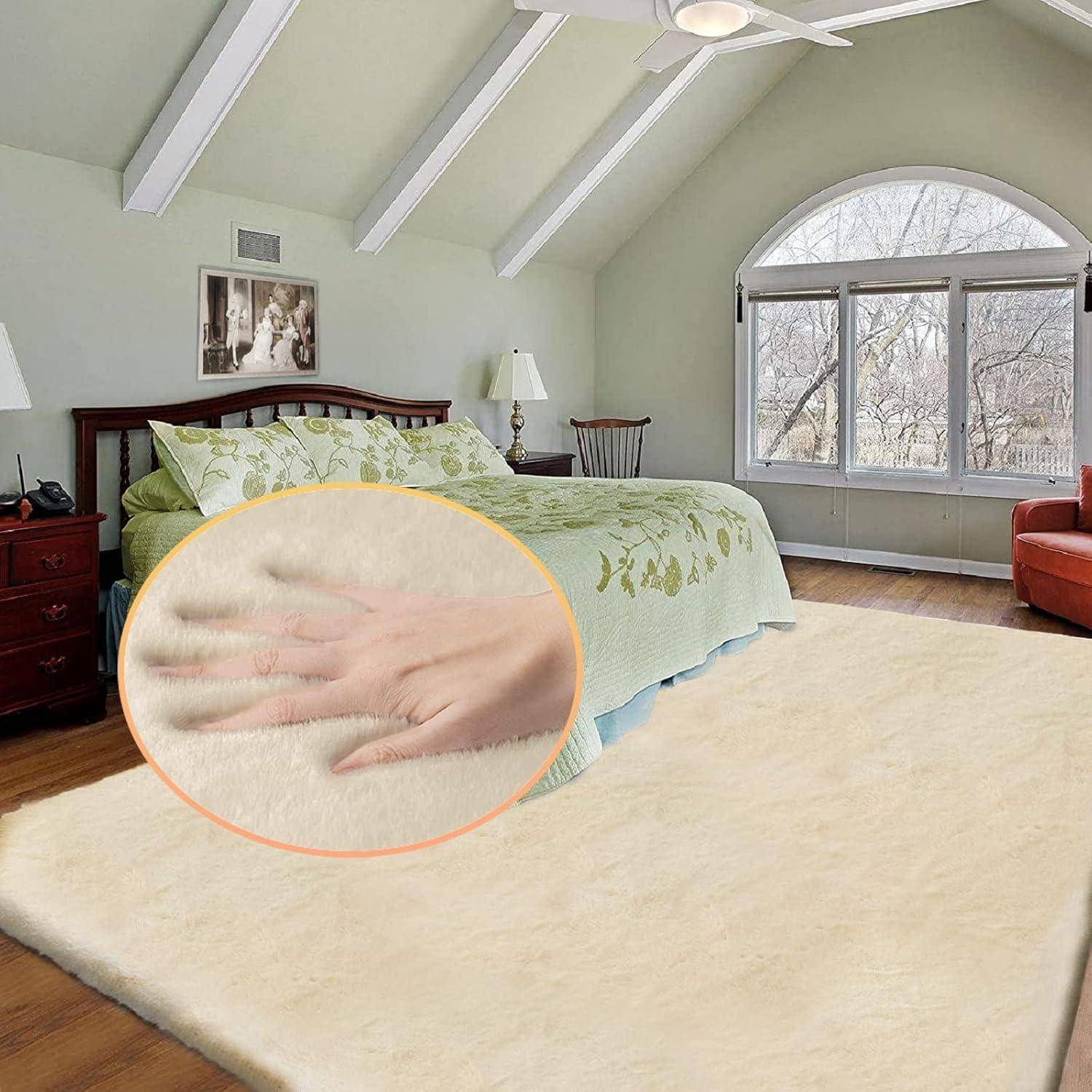 Ein Schlafzimmer mit einer grün gestalteten Bettdecke, Holzmöbeln und einem großen cremefarbenen Teppich. Die Detailansicht zeigt eine Hand, die die weiche Textur des Teppichs berührt.