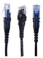 Drei Ethernet-Kabel mit transparenten Steckern und schwarzen Kabeln sind vertikal ausgerichtet. Die Mittelansicht hebt die Details der Stecker hervor.