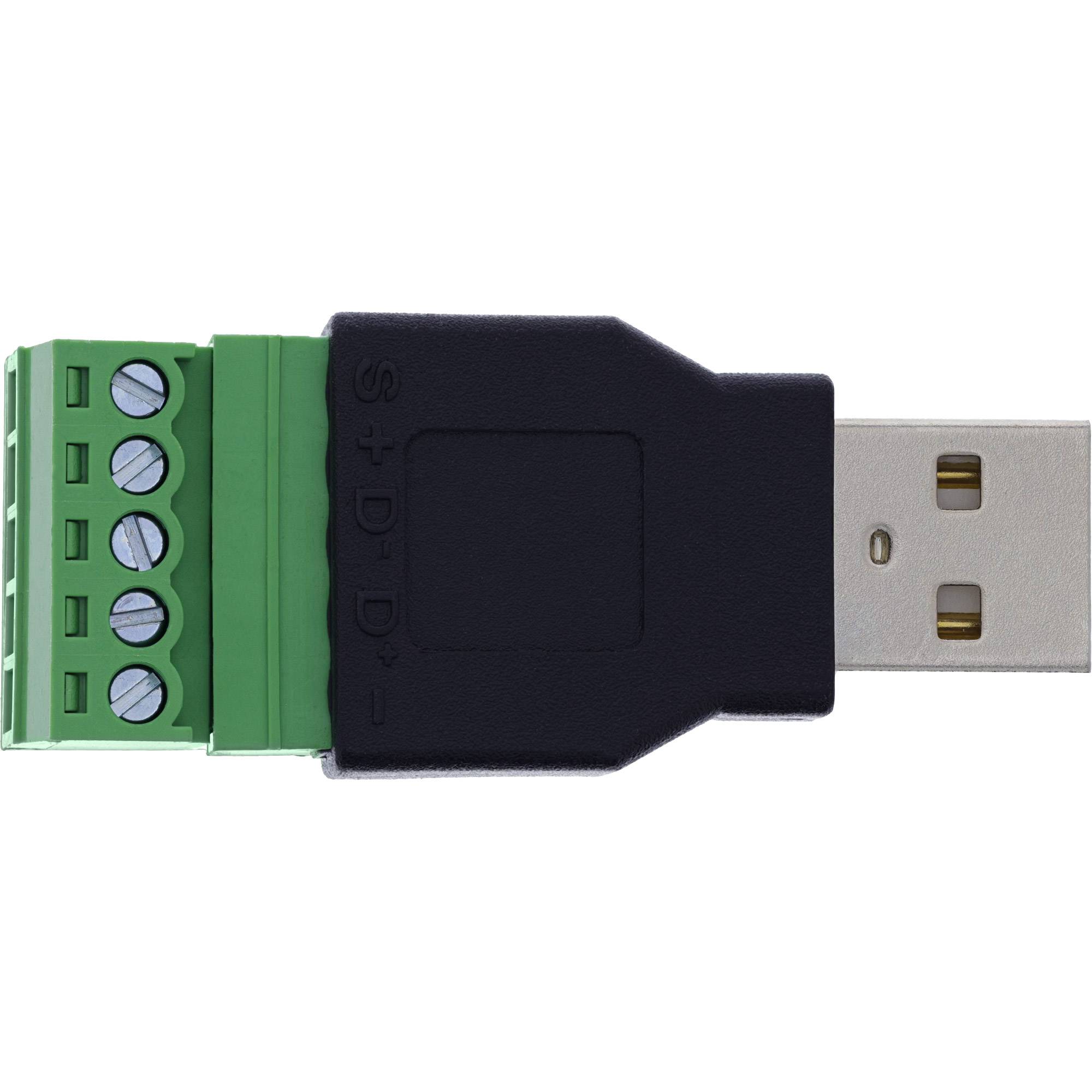 Ein USB-zu-Seriell-Adapter mit einem USB-A-Stecker auf der einen Seite und einer grünen Anschlussleiste für Serielverbindungen auf der anderen Seite.
