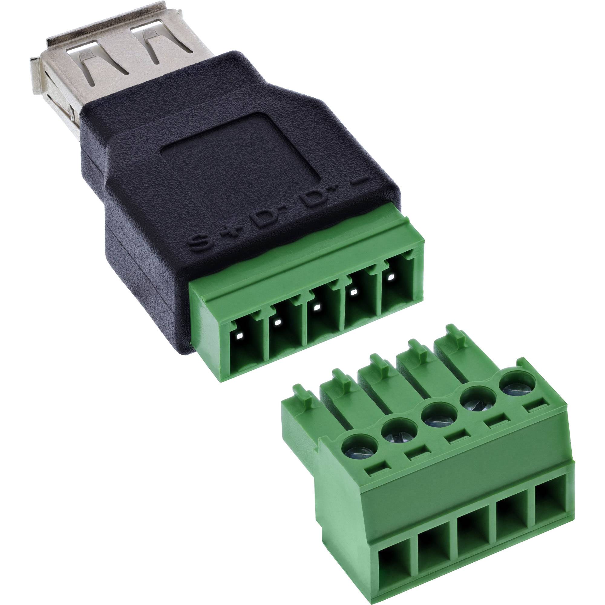Nahaufnahme eines USB-zu-Grün-Klemmenblock-Adapters, der den USB-Stecker und vier Klemmenplätze für Verdrahtungsverbindungen zeigt.