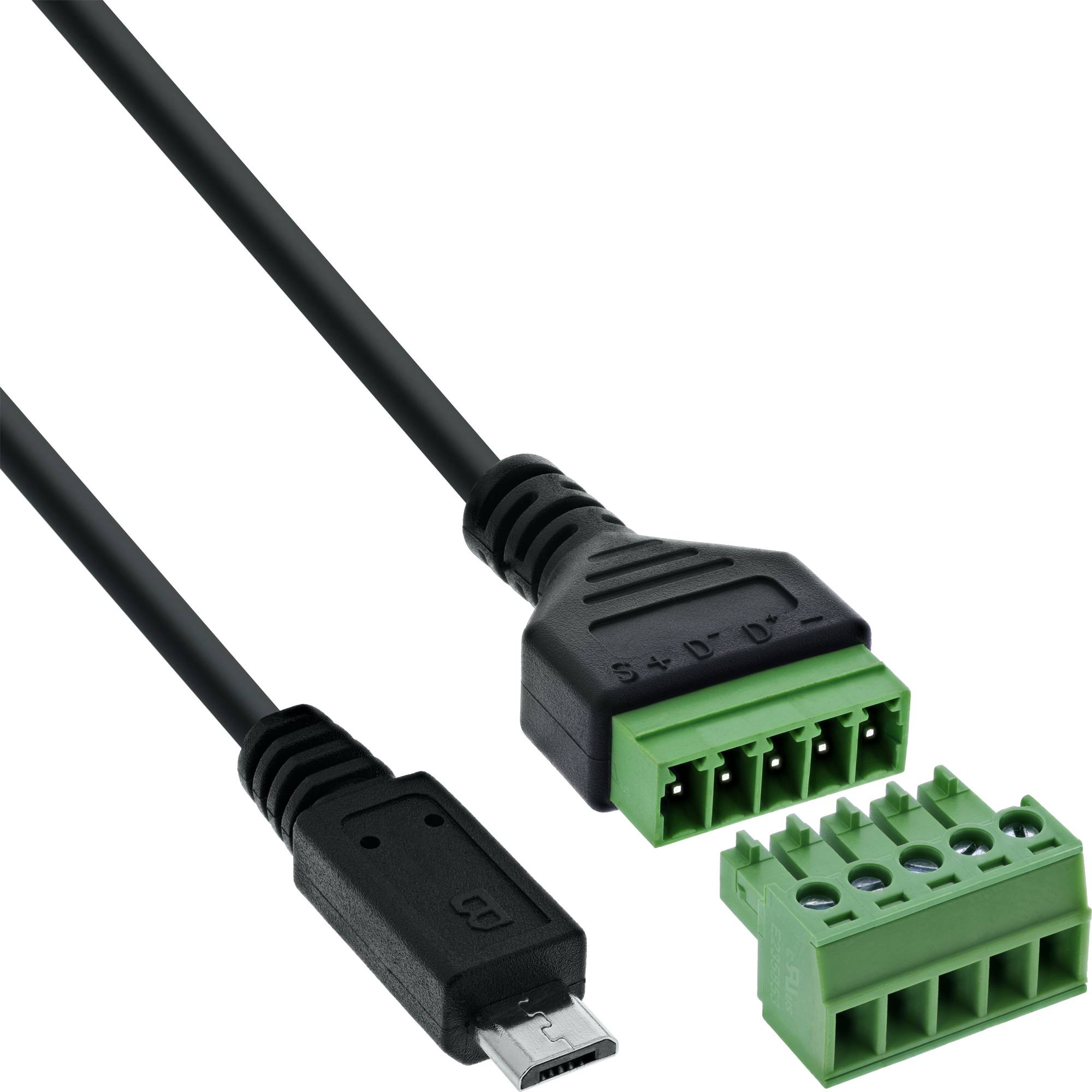 Micro-USB-auf-grüne-Schraubklemmenleiste-Adapterkabel auf weißem Hintergrund.