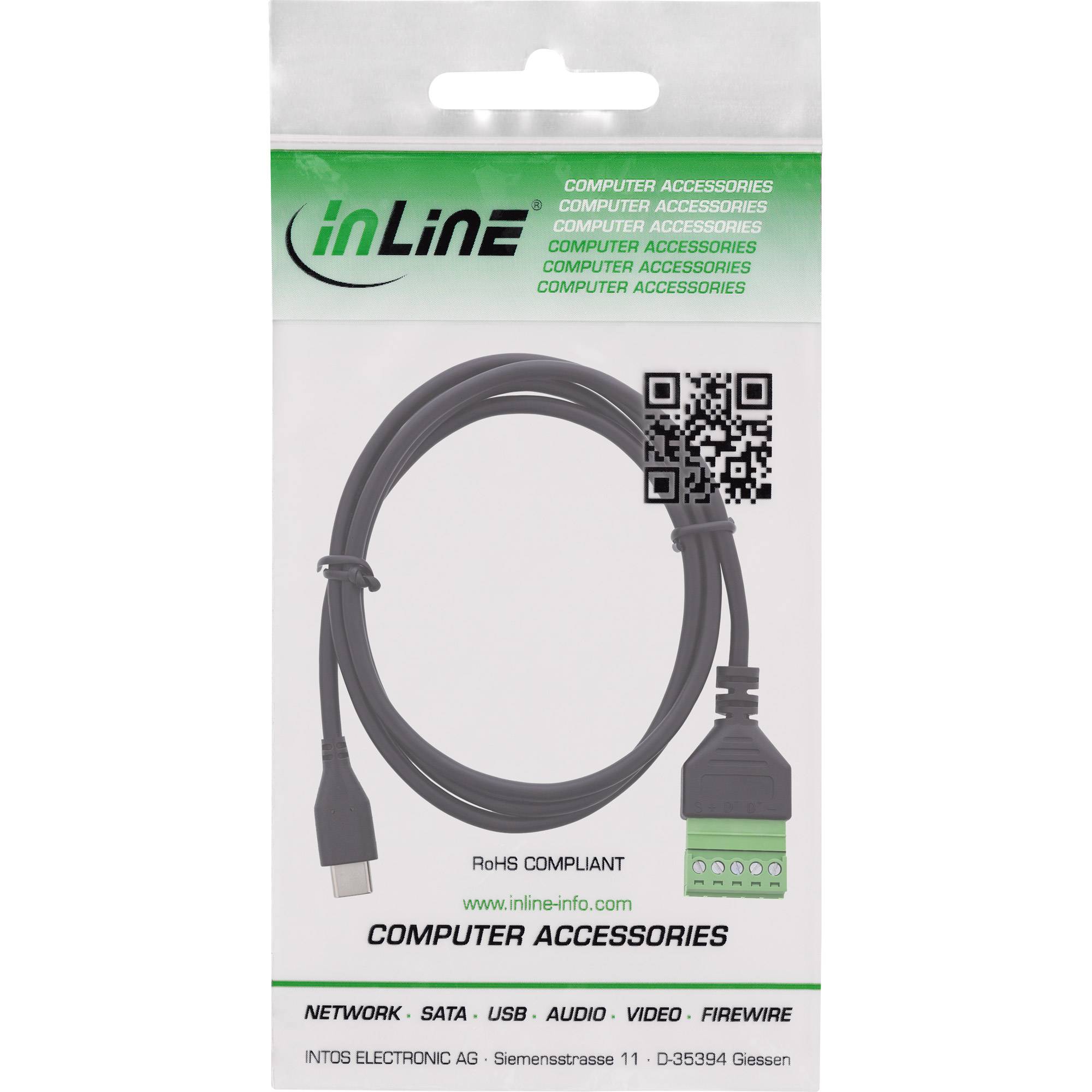Paket von 'inLine Computer Accessories' mit einem Kabel mit USB-C-Stecker und einem Terminaladapter, gekennzeichnet als RoHS-konform.