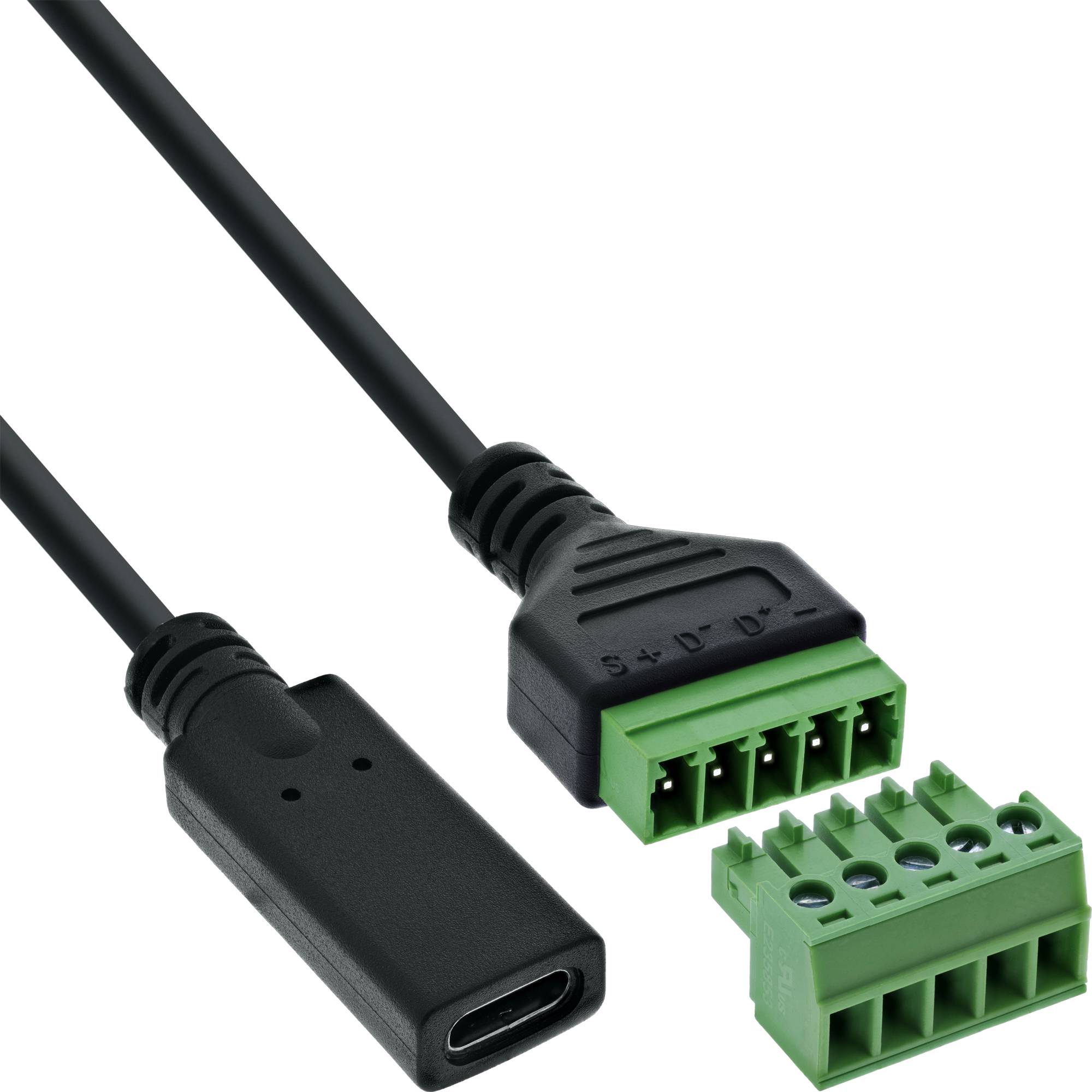 USB-zu-Klemmleisten-Adapter mit USB-Typ-C-Stecker auf der linken Seite und 5-poliger Klemmleiste auf der rechten Seite für elektrische Verbindungen.