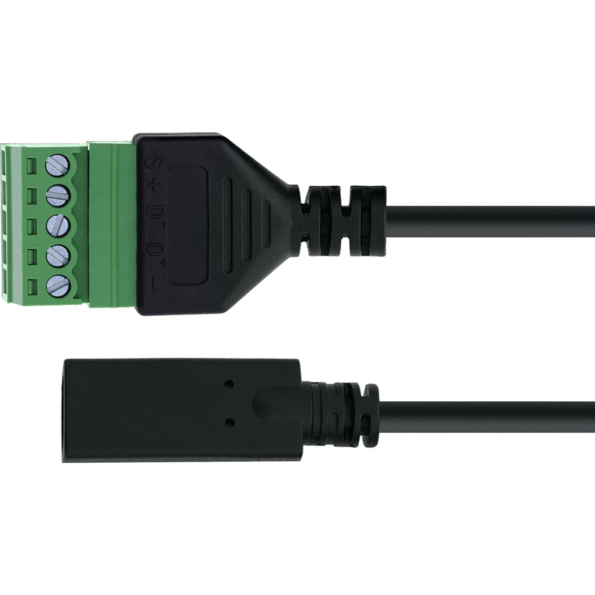 Ein schwarzes Kabel mit einem grünen Anschluss mit vier Schraubkontakten, wahrscheinlich zum Anschluss von elektrischen Leitungen oder Geräten, auf weißem Hintergrund.