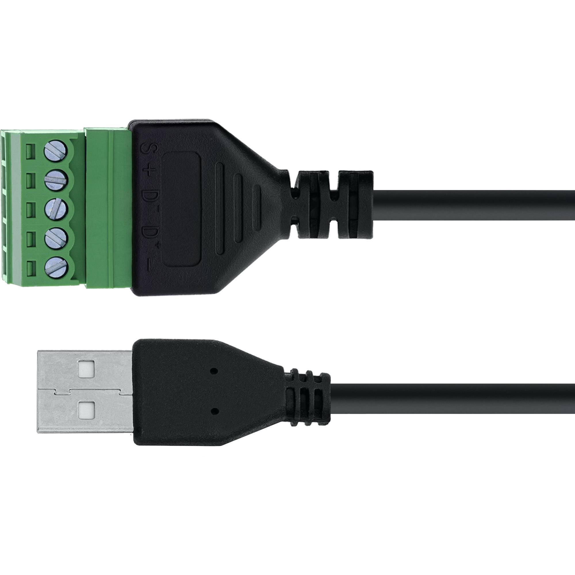 USB-zu-Klemmleiste-Adapterkabel mit USB-Stecker auf der einen Seite und grünem Klemmleisten-Anschluss auf der anderen Seite.