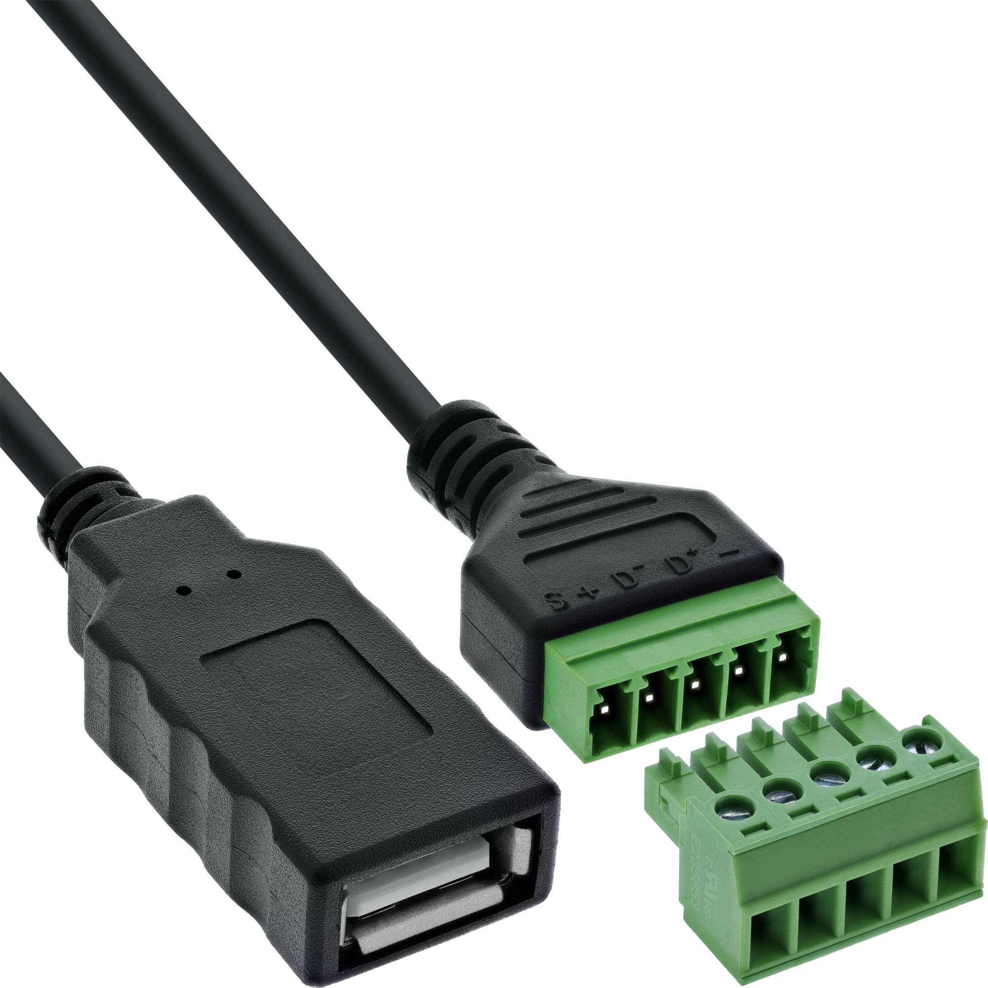 USB-auf-Klemmblock-Adapterkabel mit schwarzem USB-Stecker und grünen Klemmblock-Anschlüssen, zeigt die Stiftkonfiguration.