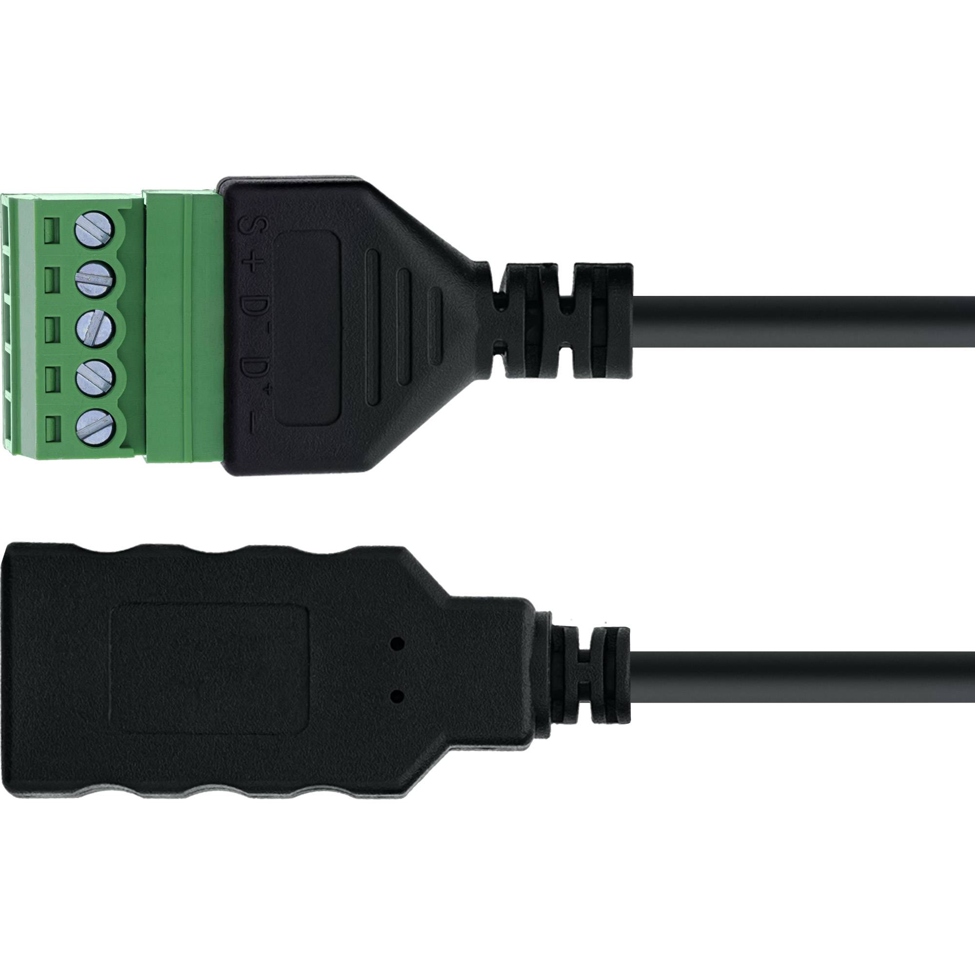 Ein schwarzes USB-Buchse-Verbindungskabel mit einem grünen Klemmleistenverbinder, das beide Enden zeigt.