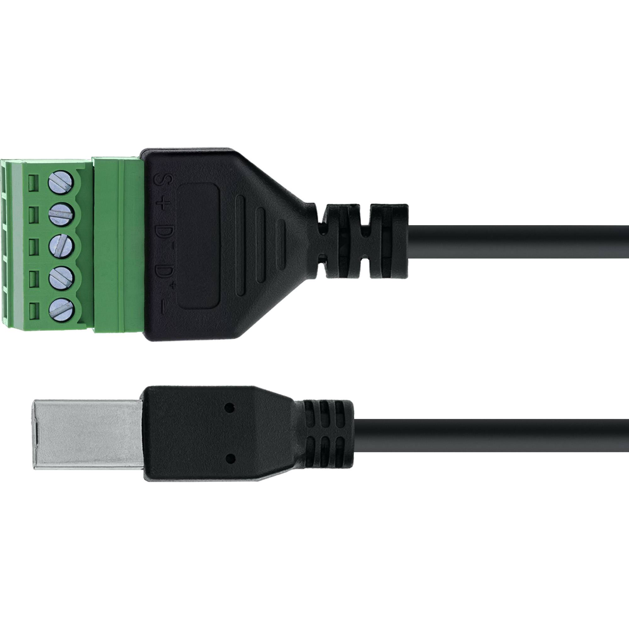 Ein schwarzes Kabel mit einem grünen Klemmleisten-Stecker an einem Ende und einem USB-C-Stecker am anderen Ende.