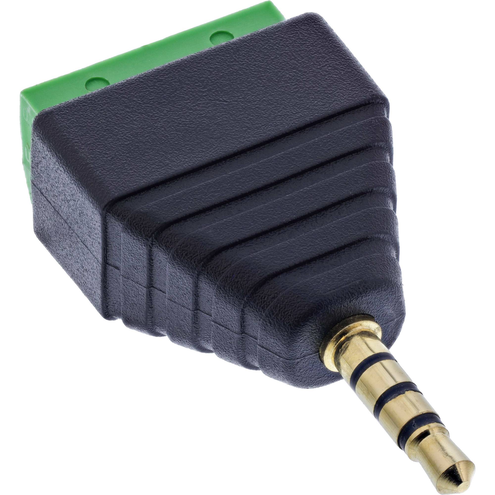 Ein schwarz-grüner Audioadapter mit einem 3,5-mm-vergoldeten Stecker zum Verbinden von Audiogeräten.