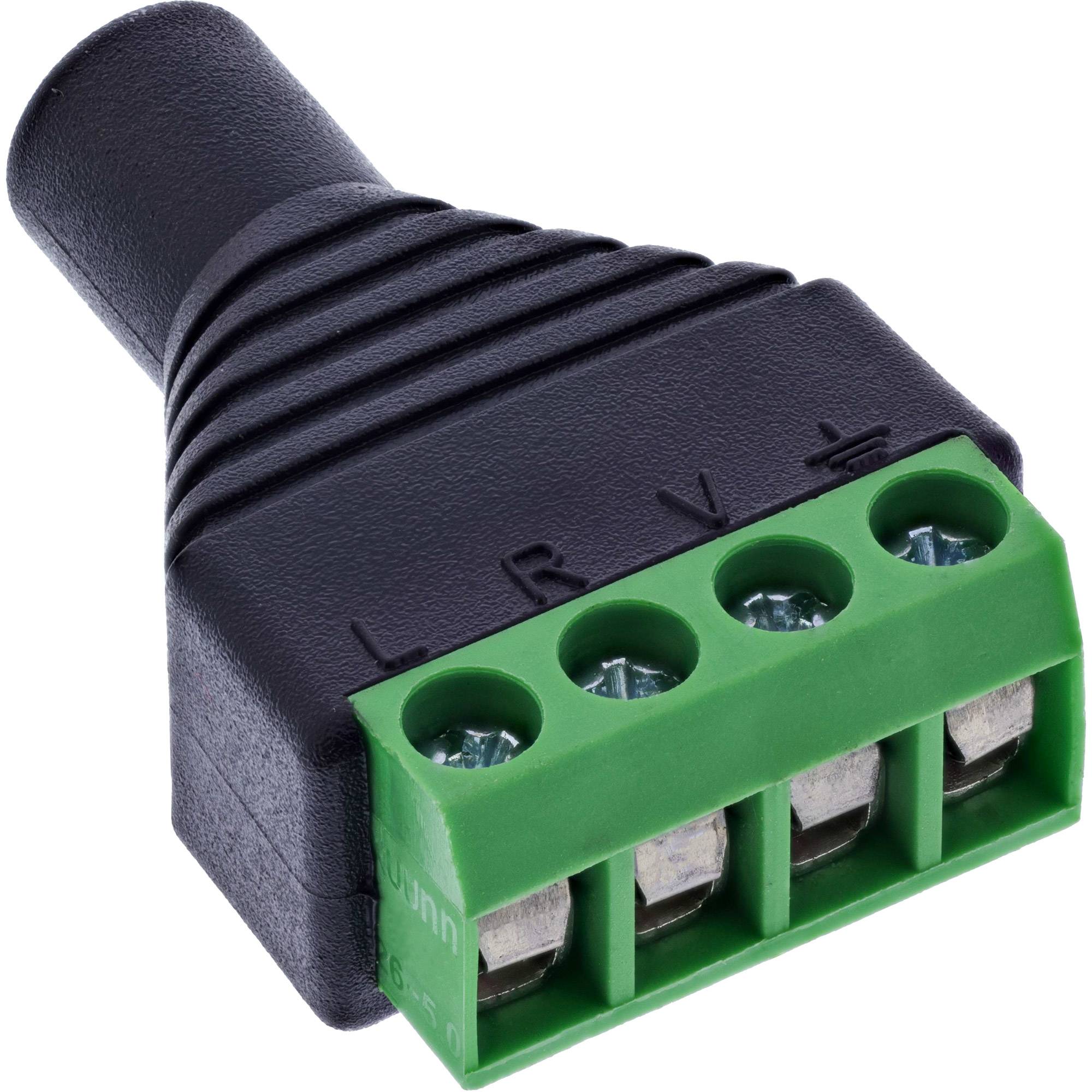 Ein schwarz-grüner Audiostecker mit vier beschrifteten Anschlüssen: L, R, V und - für Lautsprecherkabel. Er ermöglicht Audioverbindungen.