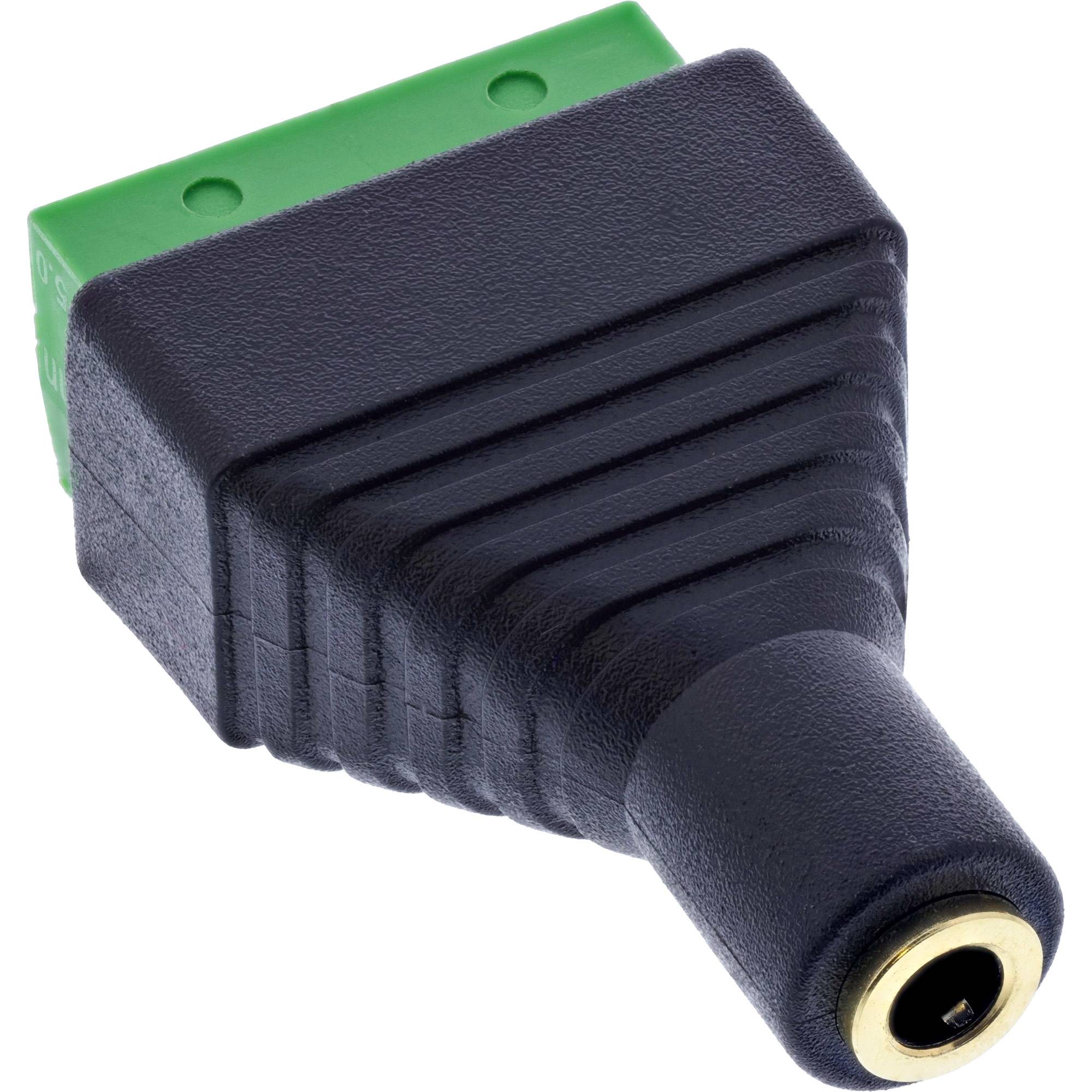 Ein schwarzer RCA-Buchsen-auf-grüne-Klemmleisten-Adapter, der den RCA-Anschluss an einem Ende und Schraubklemmen am anderen Ende für Audioverbindungen zeigt.