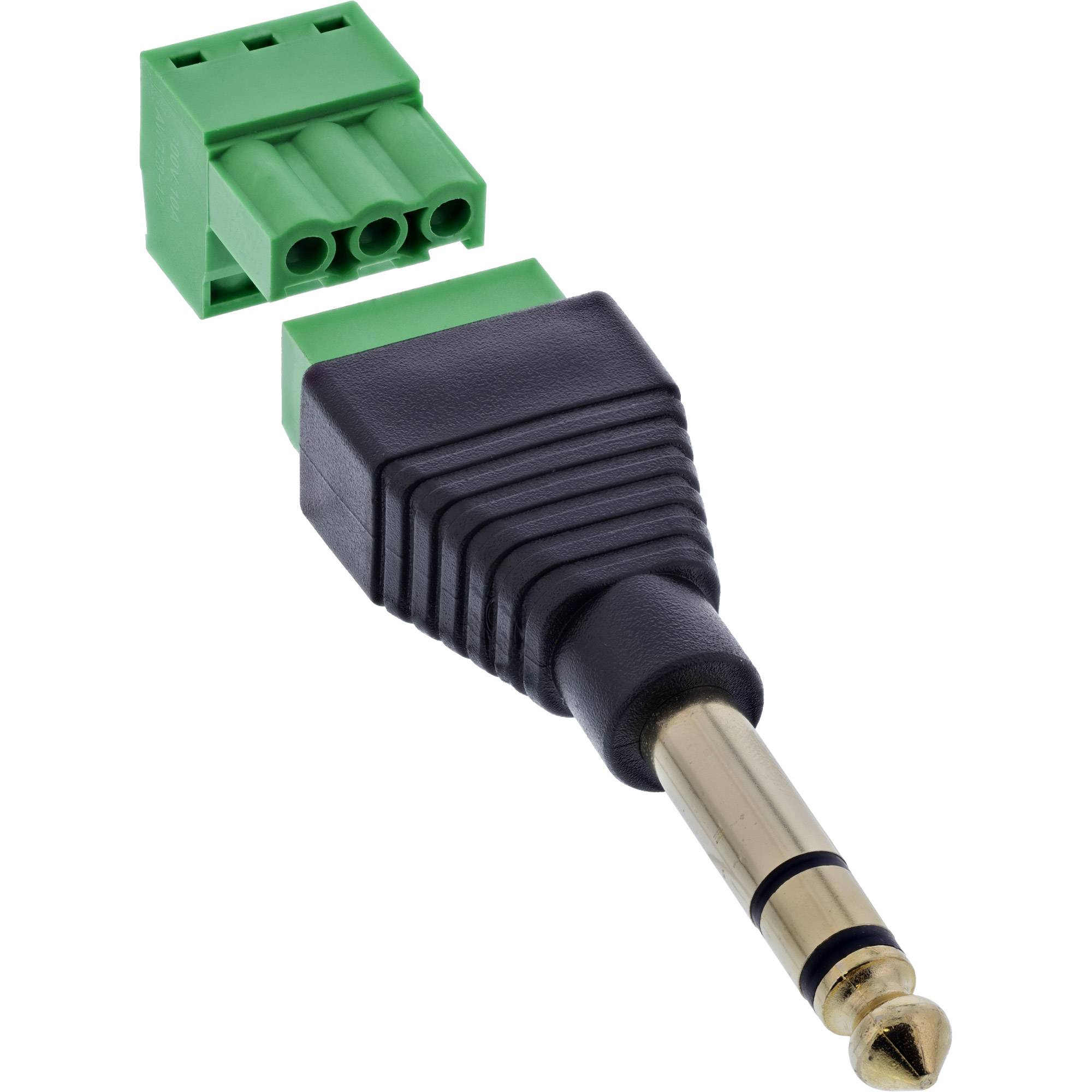 Audioadapter mit einem grünen Klemmenblock-Stecker und einem vergoldeten 6,35 mm Stereo-Klinkenstecker, verwendet für Audiogeräteverbindungen.