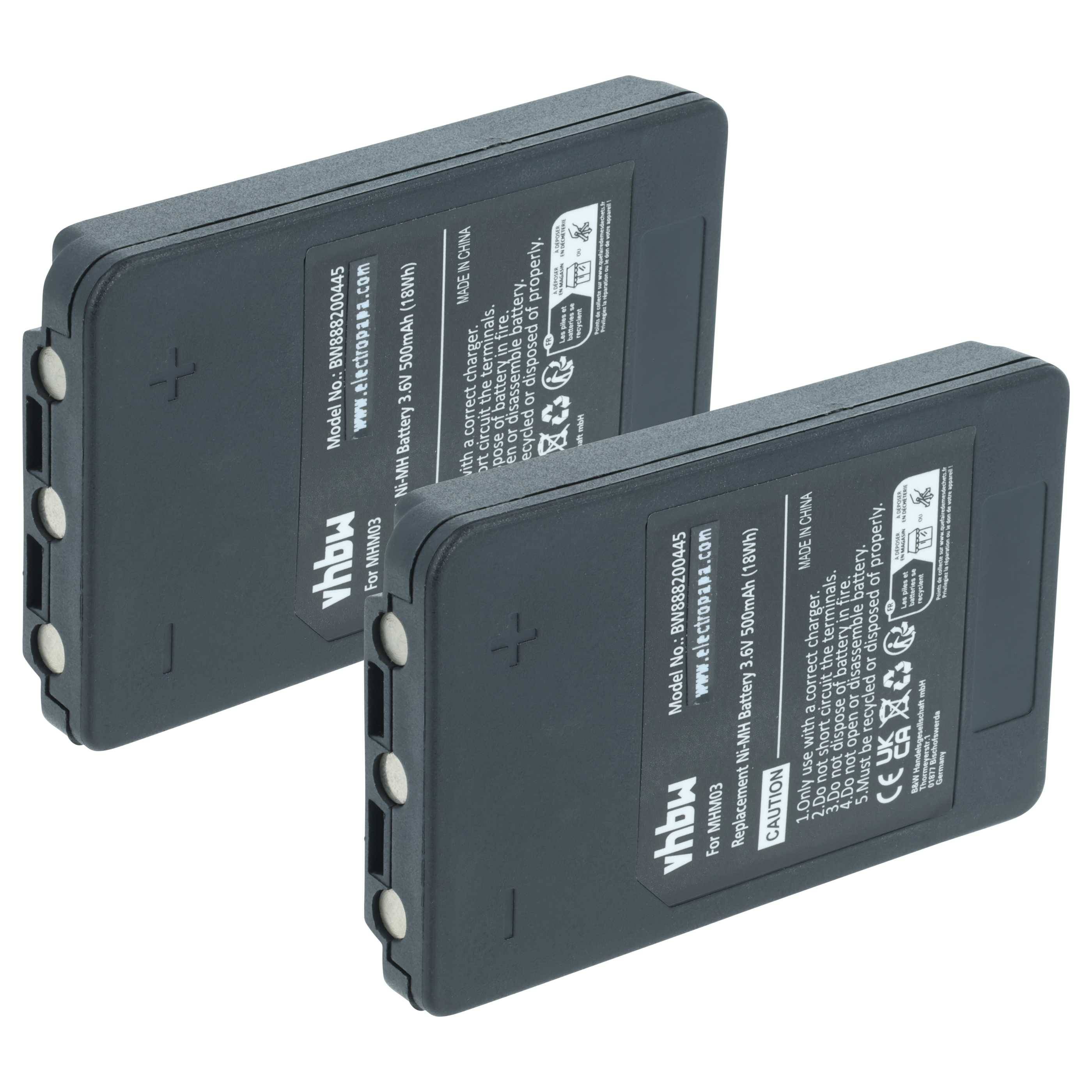 Zwei schwarze wiederaufladbare Batteriepacks mit gekennzeichneten Spannungs- und Kapazitätsangaben, die jeweils drei metallische Kontaktpunkte aufweisen.