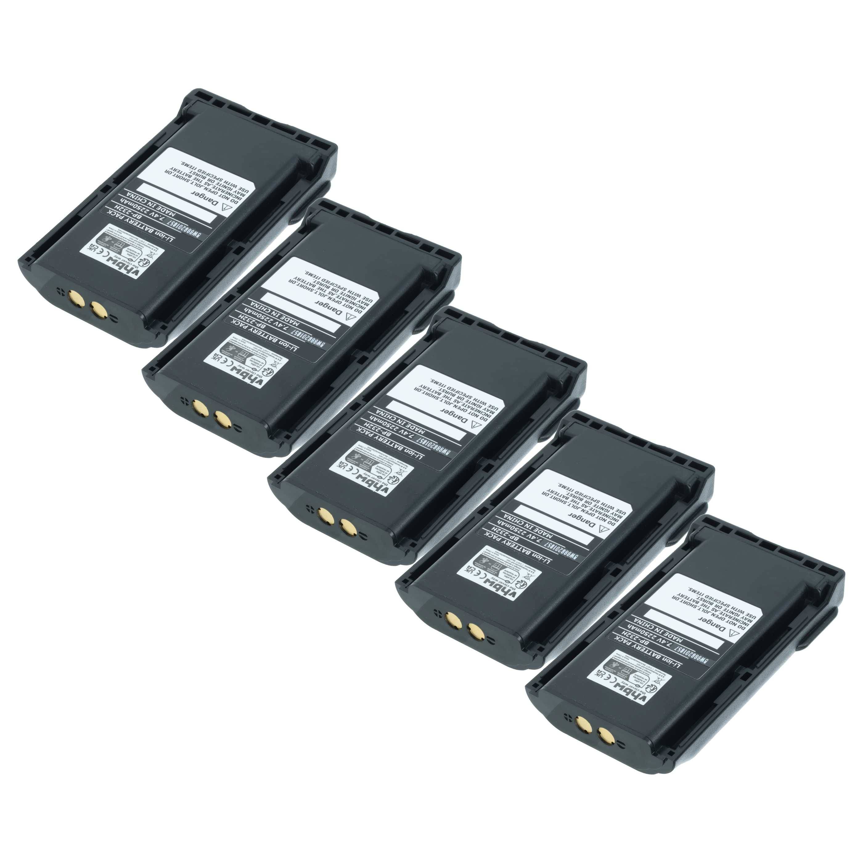 Fünf schwarze rechteckige Ersatzbatterien in einer Reihe aufgestellt, jede mit Etiketten, die Spezifikationen und Ladeanweisungen anzeigen.