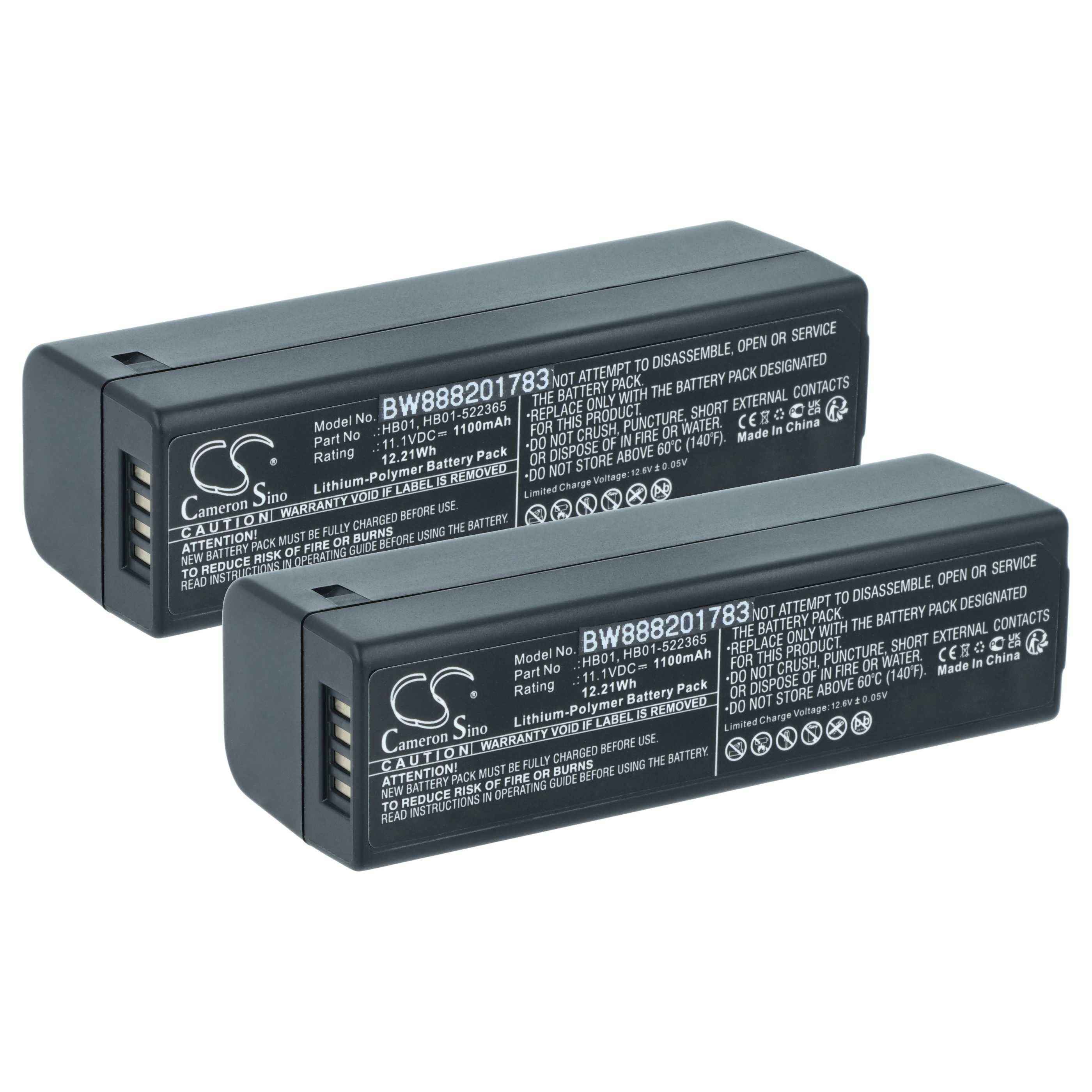 Zwei rechteckige Lithium-Ionen-Batteriepacks mit Etiketten, die die Modellnummer BW888201783, 10,8V und eine Kapazität von 1250mAh anzeigen.