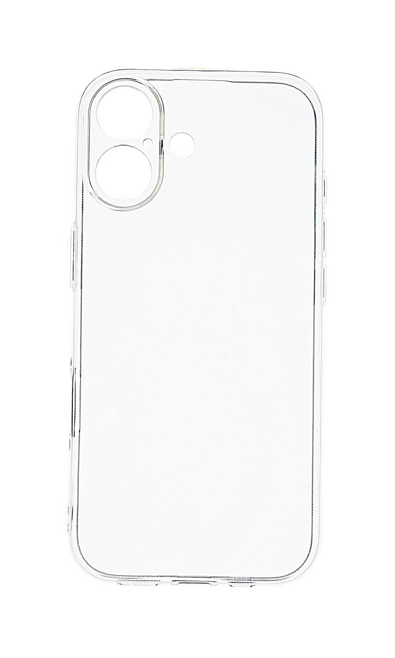 Eine transparente Handyhülle, die für ein Gerät mit Dual-Kamera- und Blitzausschnitten konzipiert ist und Seitenschaltflächen-Abdeckungen sowie eine präzise Passform zeigt.