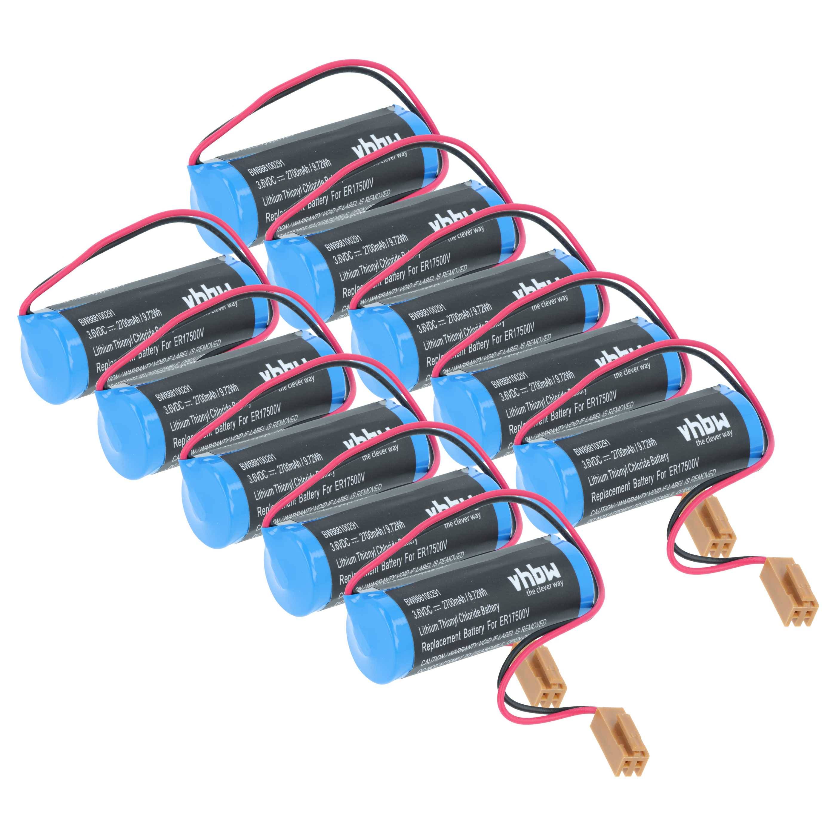 Acht wiederaufladbare, blau-schwarze zylindrische Batterieblöcke mit rot-schwarzen Kabeln und beigen Steckern, Marke 'vhbw'.