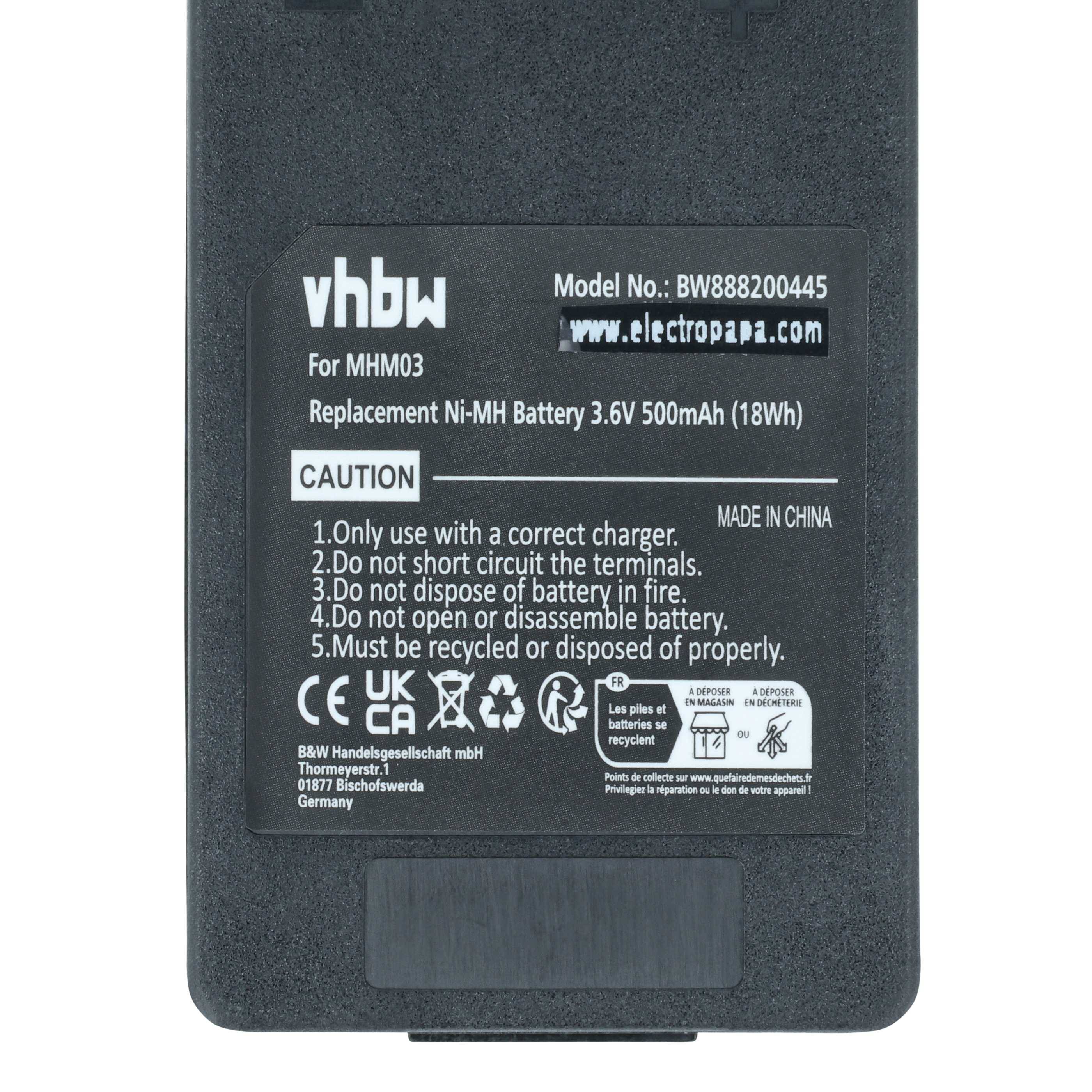 Ersatz-Ni-MH Akku, 3,6V 500mAh, mit Gebrauchsanweisung und Sicherheitswarnungen gekennzeichnet, Modell BW888200445 von vhbw.