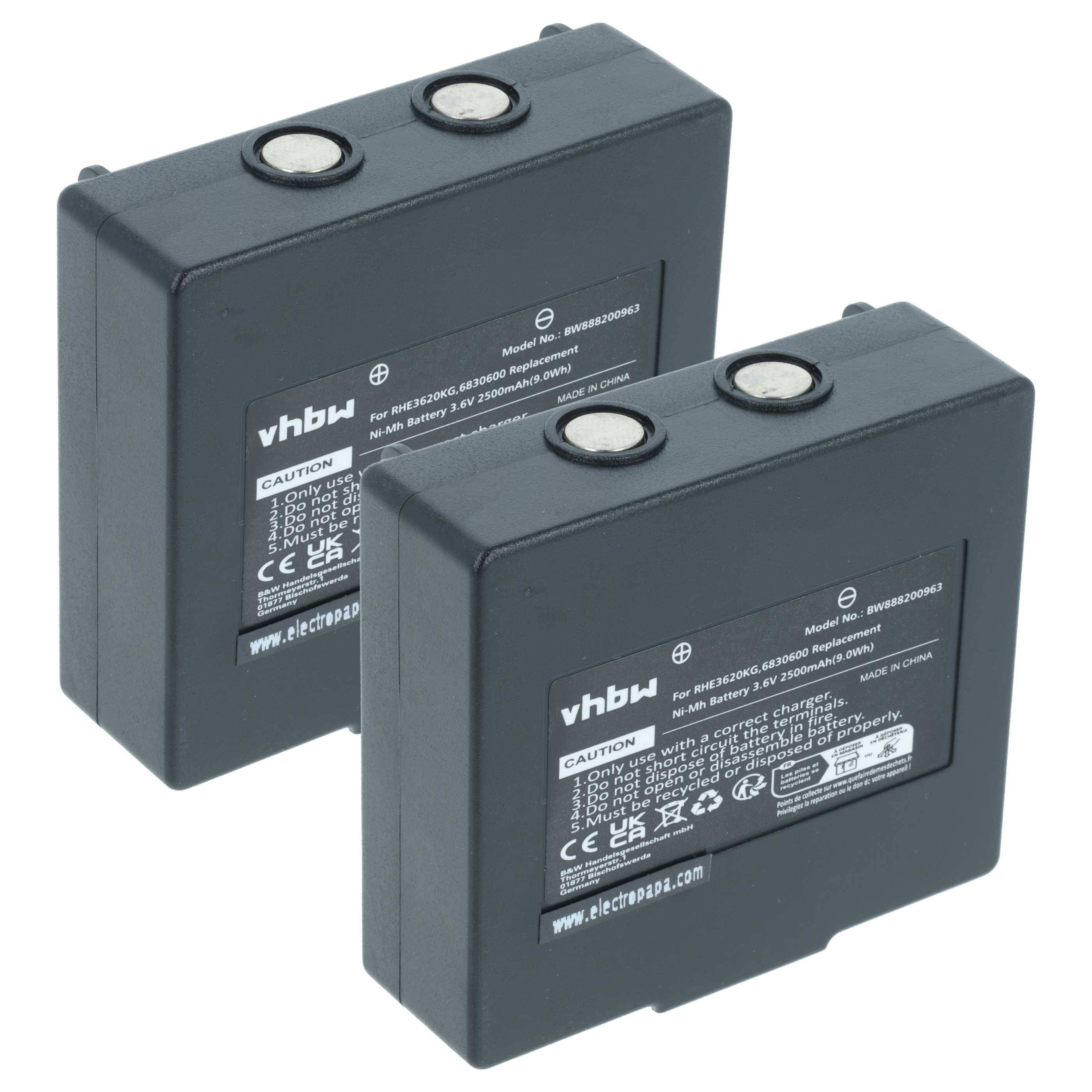Zwei schwarze rechteckige wiederaufladbare Batterien mit sichtbaren Etiketten, die Herstellerdetails und Sicherheitswarnungen zeigen.
