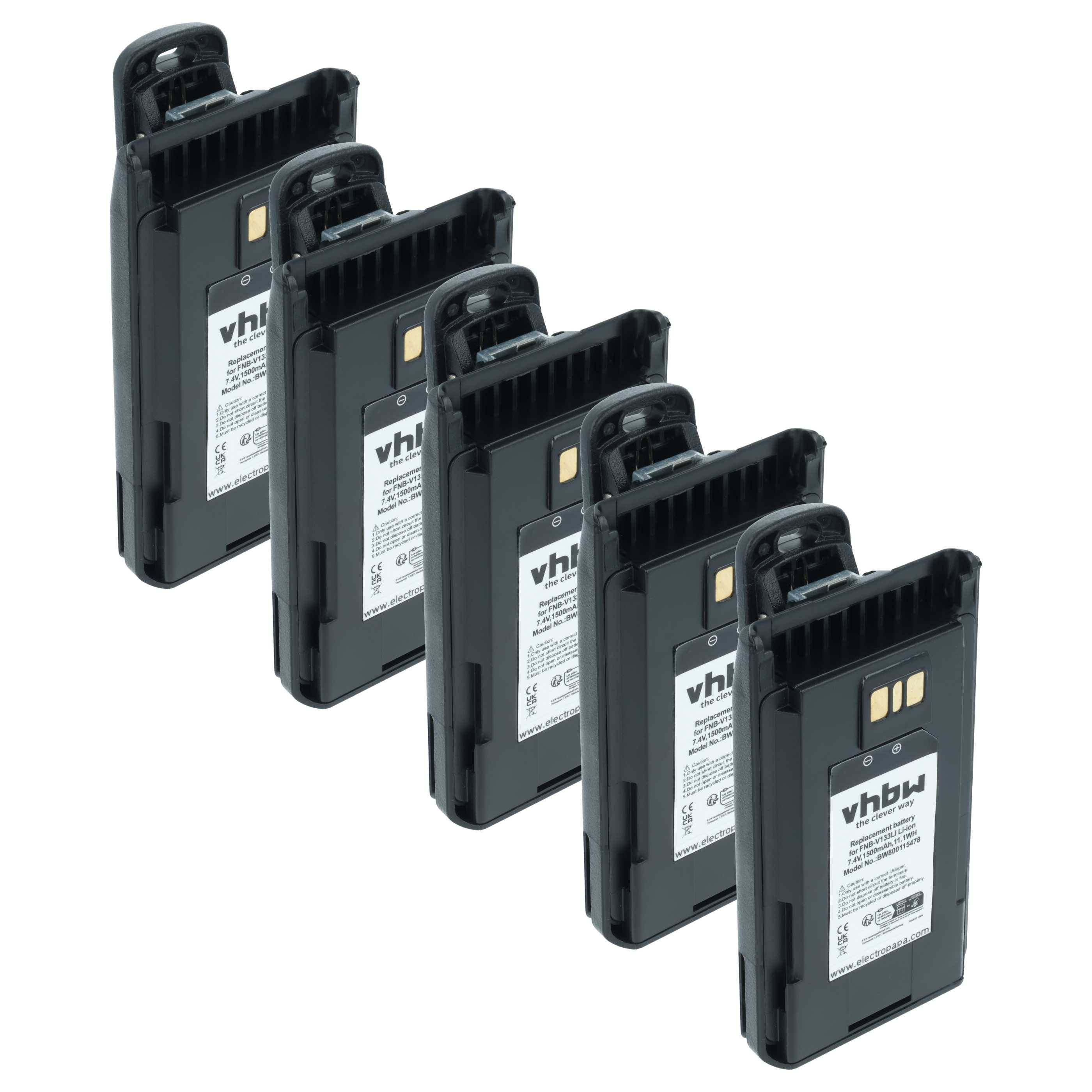 Fünf schwarze vhbw Batterien stehen aufrecht in einer Reihe, zeigen Etiketten mit Spezifikationen, geeignet für tragbare Geräte, die Stromversorgung benötigen.