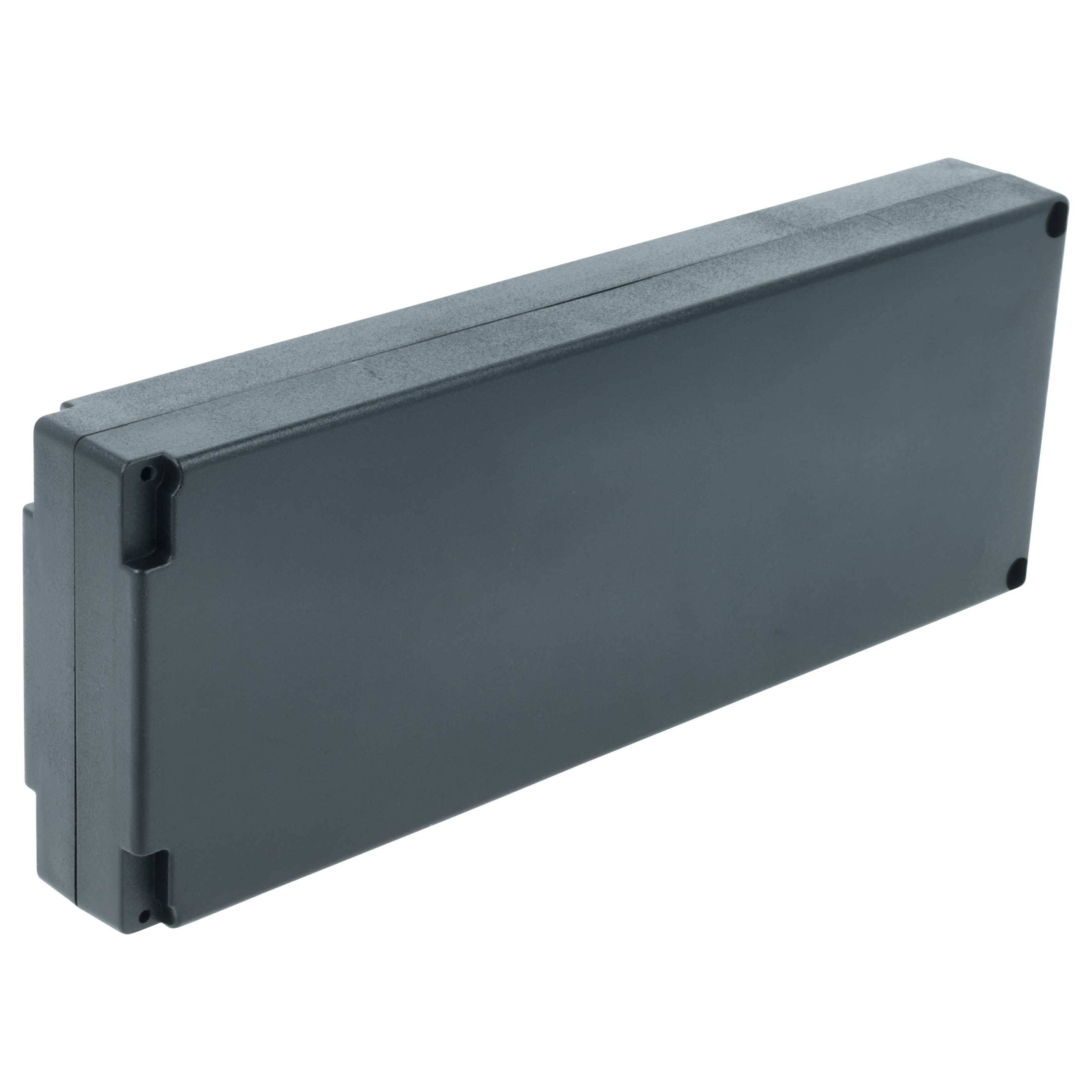Ein rechteckiges, dunkelgraues elektronisches Gerät oder Gehäuse mit einem einfachen, industriellen Design, möglicherweise für ein Netzteil oder eine Batterie.