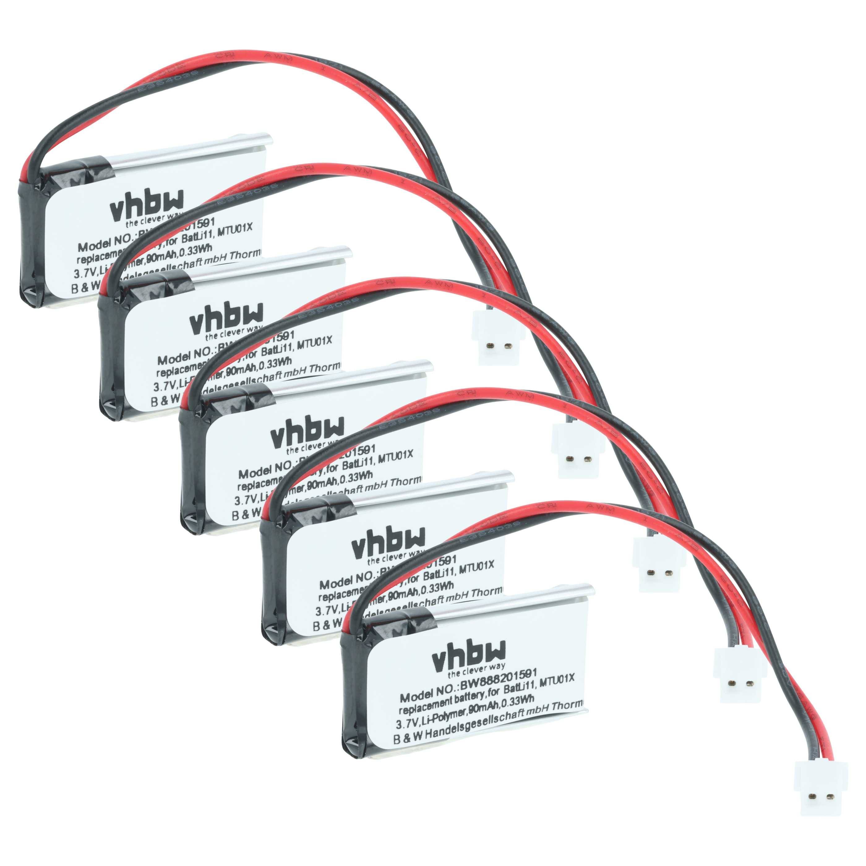 Fünf wiederaufladbare vhbw Lithium-Ionen-Batterien mit roten und schwarzen Drähten und weißen Steckern, mit Modellnummer und Spezifikationen.