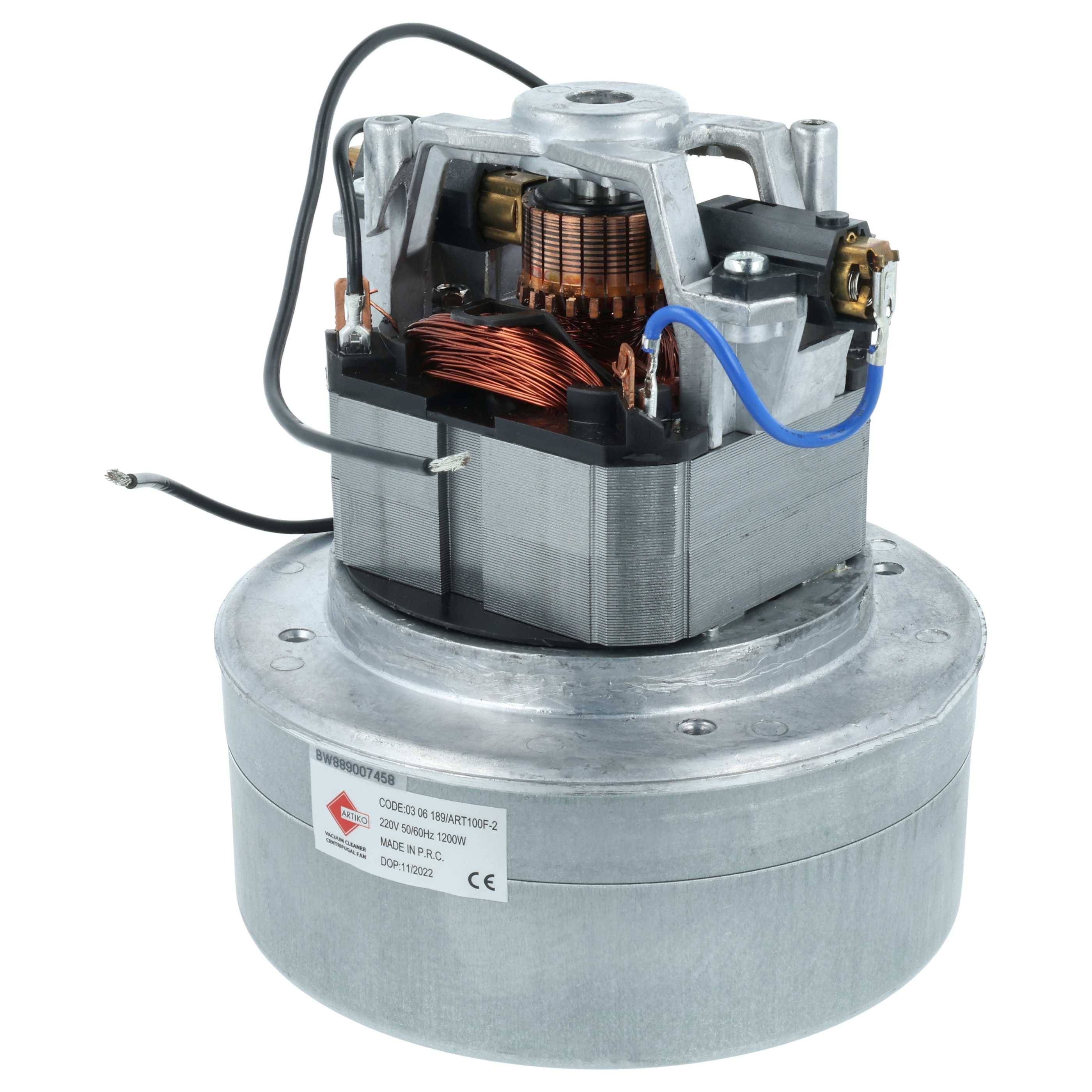 Ein Elektromotor mit sichtbaren Kupferspulen, Verkabelung und einem zylindrischen Metallgehäuse, wahrscheinlich zum Antrieb von Geräten oder Haushaltsgeräten verwendet.