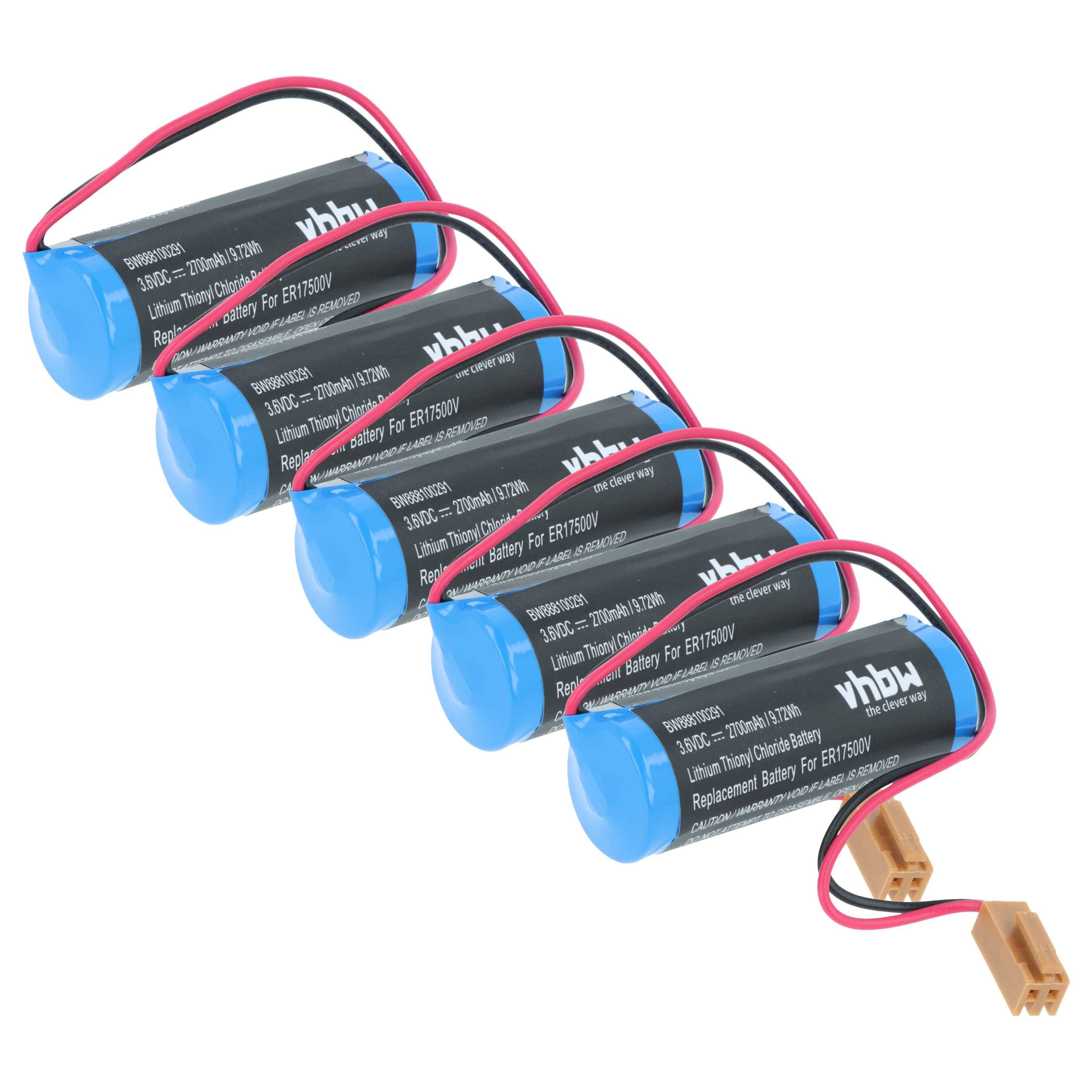 Fünf blaue zylindrische Lithium-Ionen-Batterien horizontal angeordnet, jede mit angebrachten roten und schwarzen Drähten, die in beigen Steckern enden.