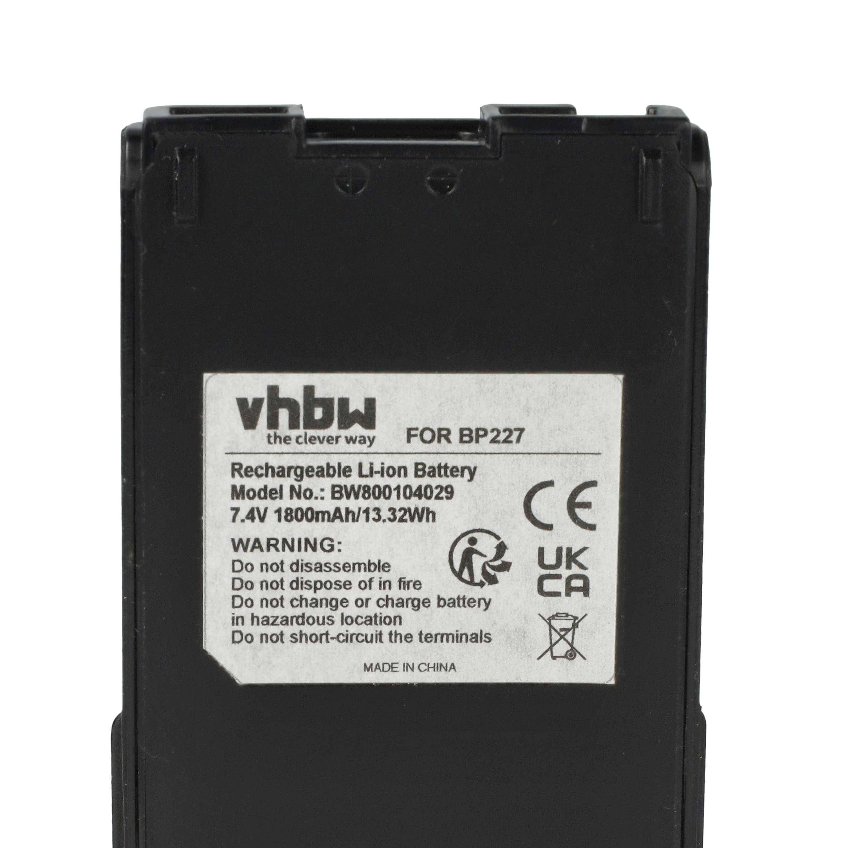 Wiederaufladbarer Li-Ionen-Akku 'FÜR BP227' von vhbw. Modell BW800104029, 7,4 V, 1800 mAh, Warnungen umfassen Handhabung, Entsorgung und Gefahren.