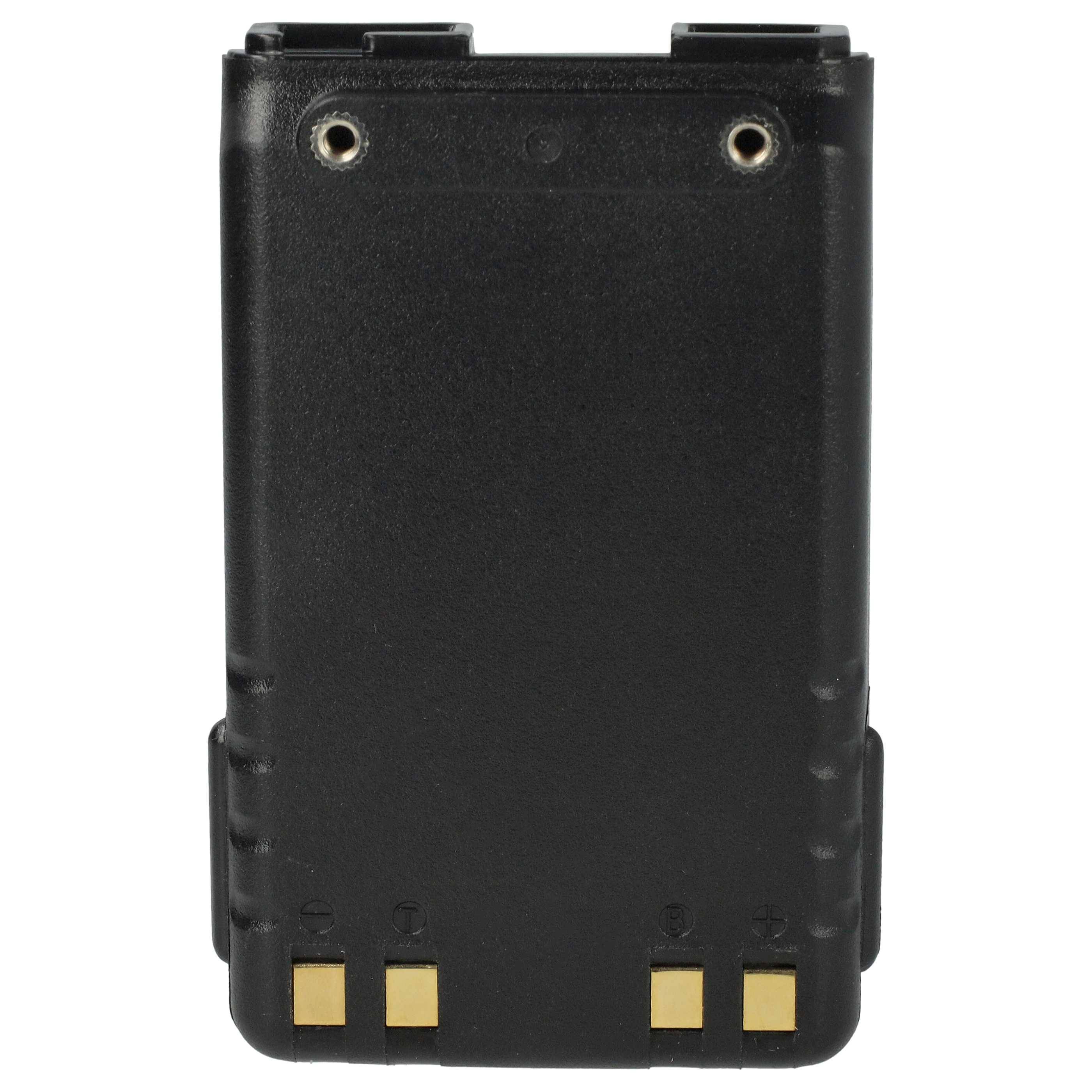 Eine schwarze Funksprechanlage-Batterie mit Goldkontaktpunkten, die unten dargestellt sind, konzipiert zum Anbringen an kompatiblen Geräten.