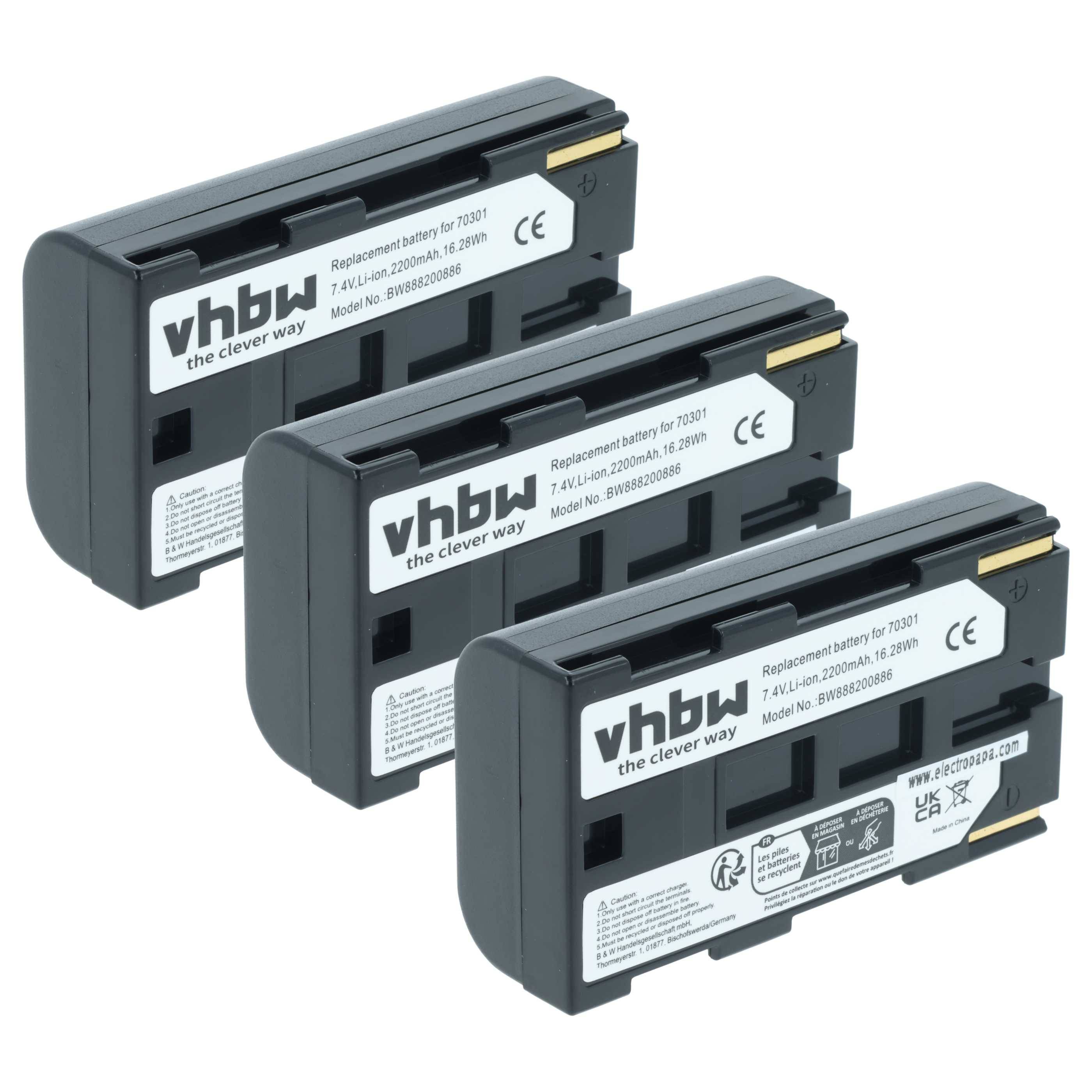 Drei schwarze vhbw Ersatzbatterien für Tyco-Fahrzeuge, jeweils mit der Bezeichnung 