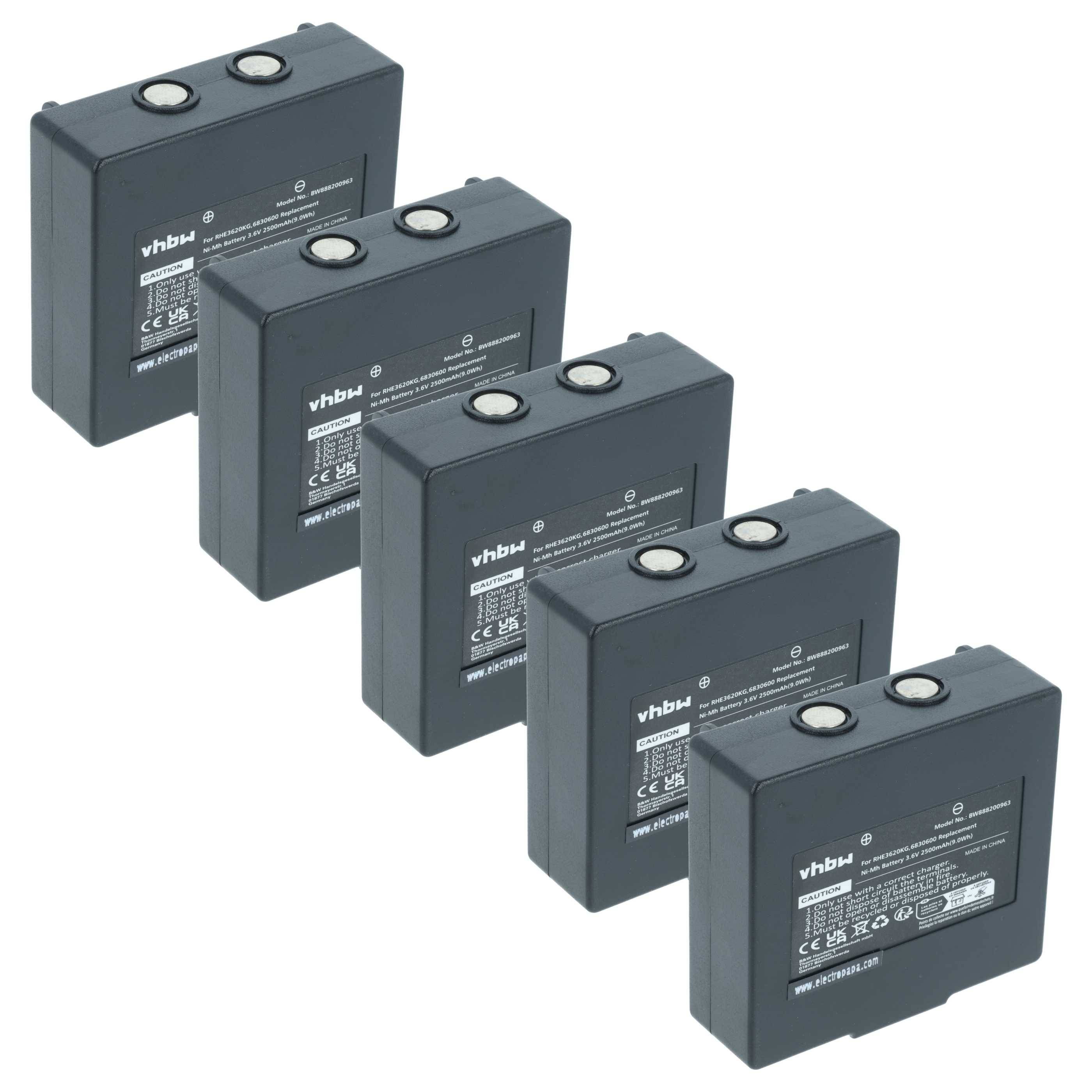 Fünf schwarze rechteckige Batterien mit sichtbarem Markenetikett 