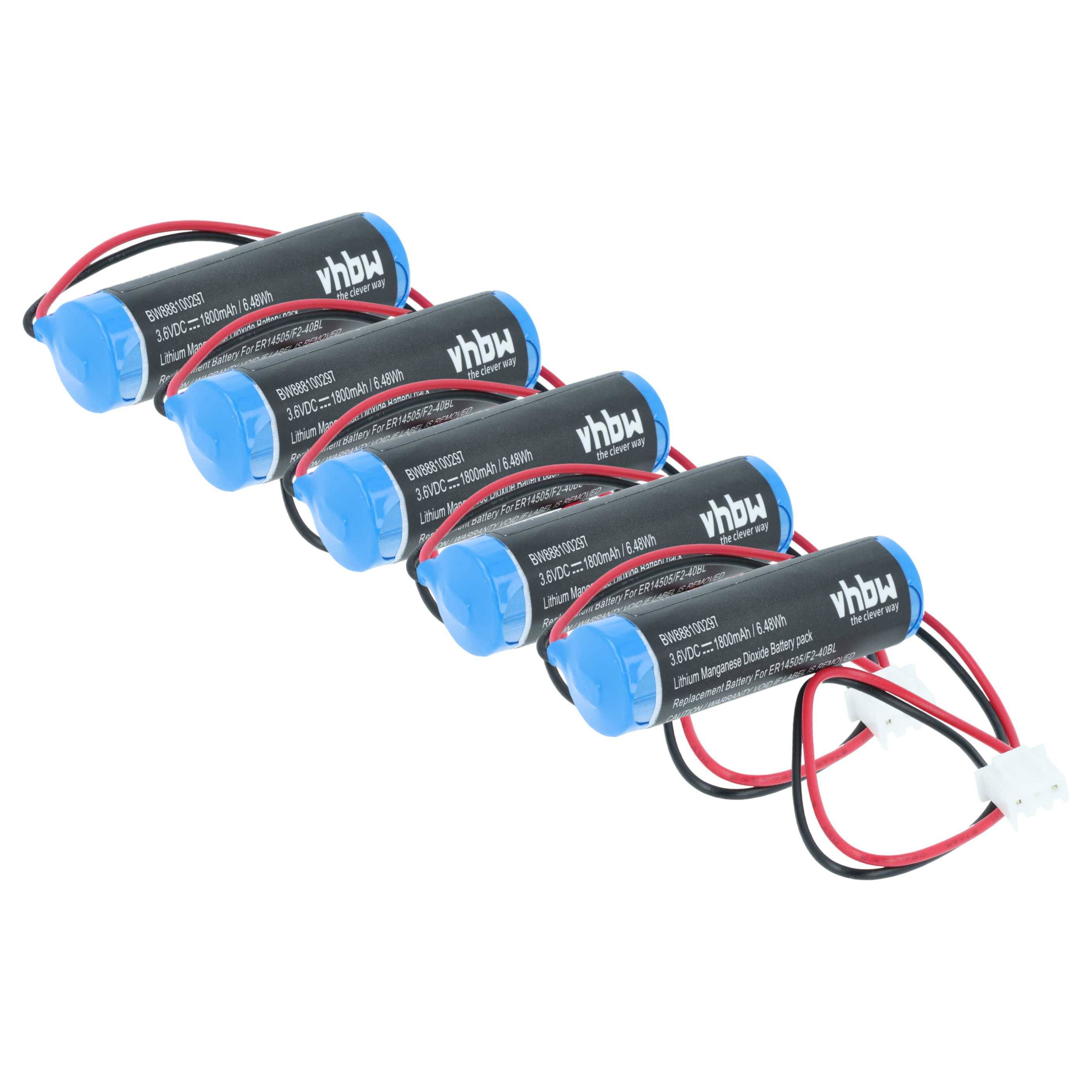 „Fünf vhbw Akkus mit blauem und schwarzem Gehäuse, roten und schwarzen Drähten und weißen Steckverbindern, horizontal hintereinander angeordnet.