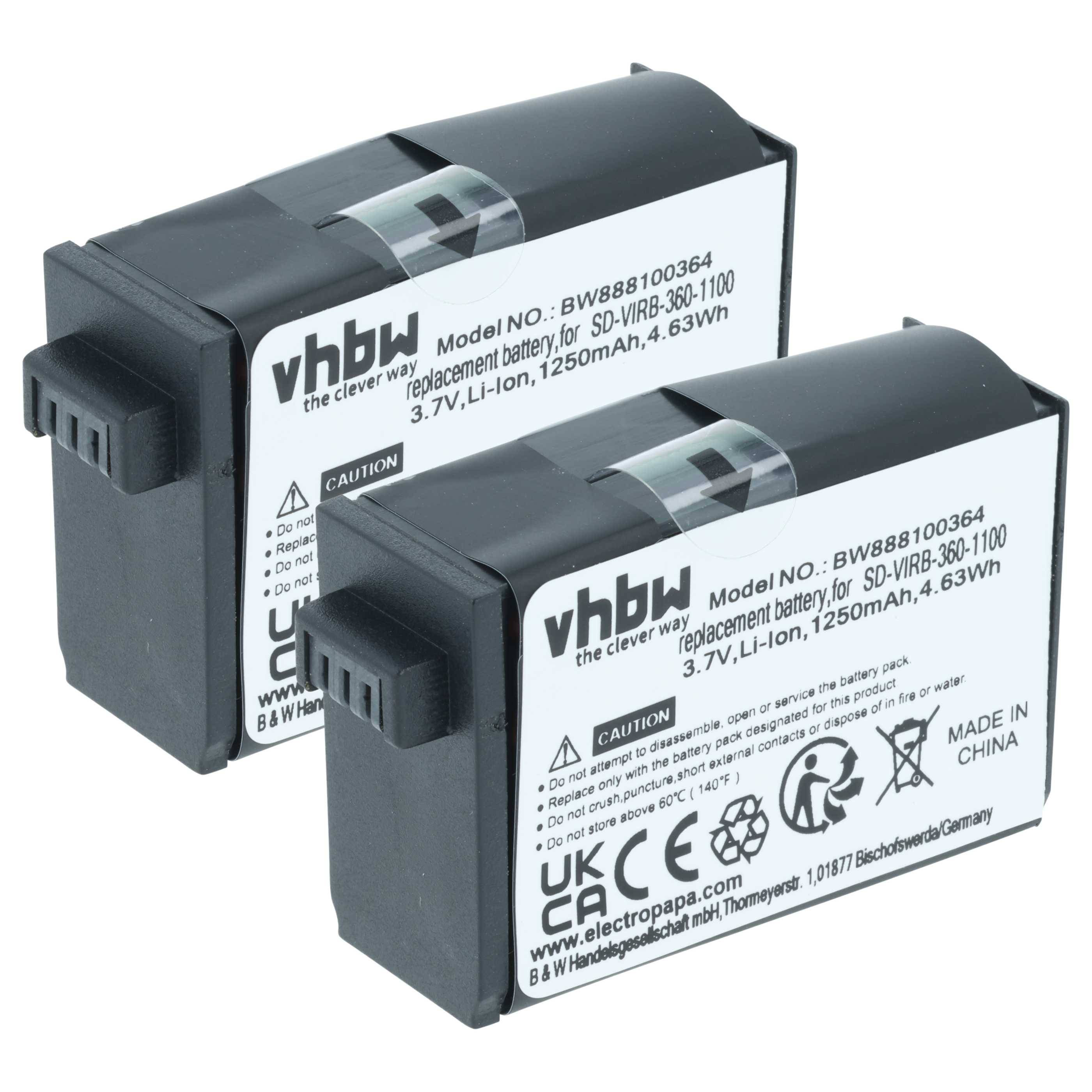 Zwei schwarze vhbw Ersatzbatterien, Modell BW88180364, für SD-VBR-B3U-1100-Geräte. Jede Batterie hat 3,7V, 1250mAh, 4,63Wh. Hergestellt in China.