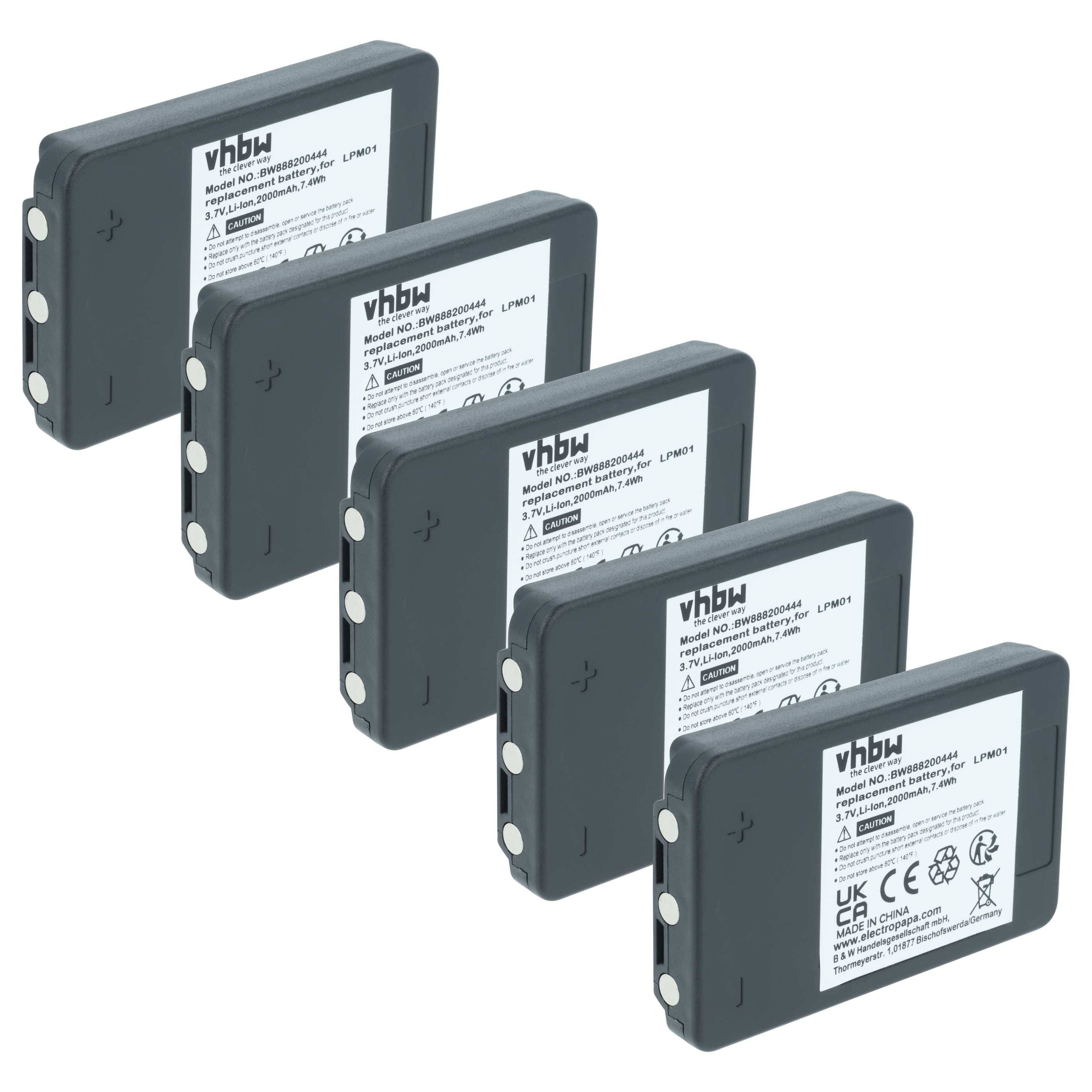Fünf vhbw Lithium-Ionen-Akkus in zwei Reihen angeordnet. Jeder Akku hat sichtbare Etiketten mit Spezifikationen und Konformitätssymbolen.